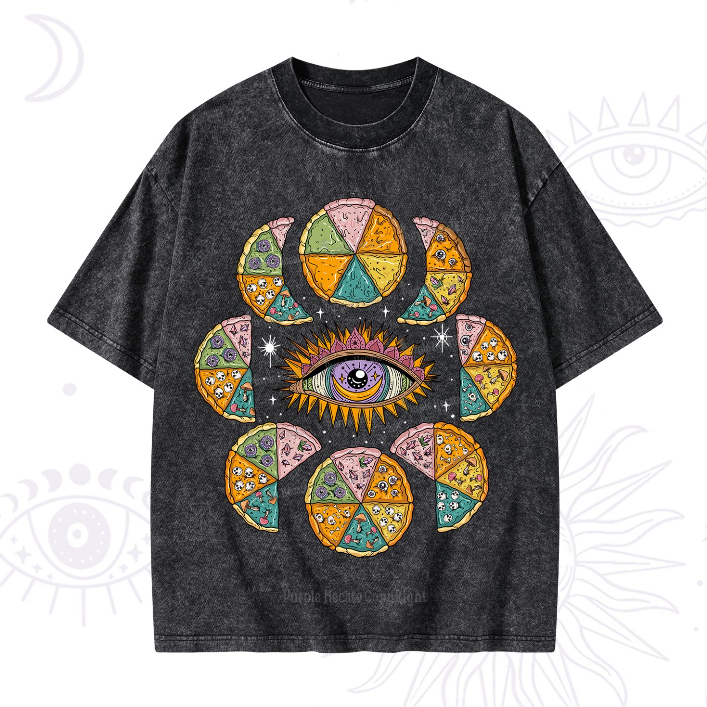 Purplehecate Moon Phase Pizza Washed T-Shirt