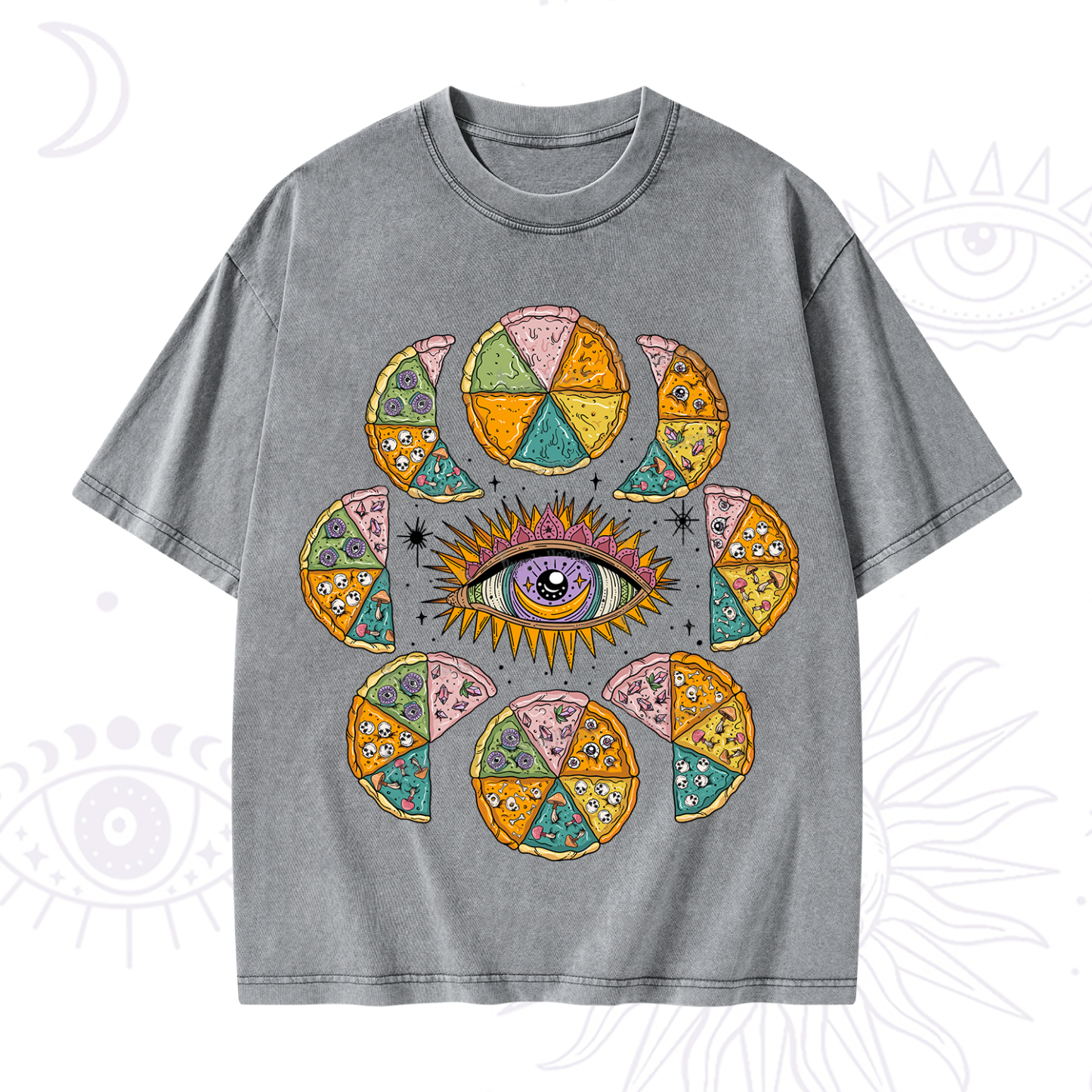 Purplehecate Moon Phase Pizza Washed T-Shirt