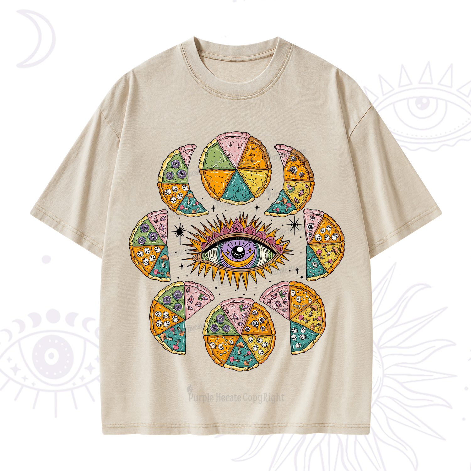 Purplehecate Moon Phase Pizza Washed T-Shirt