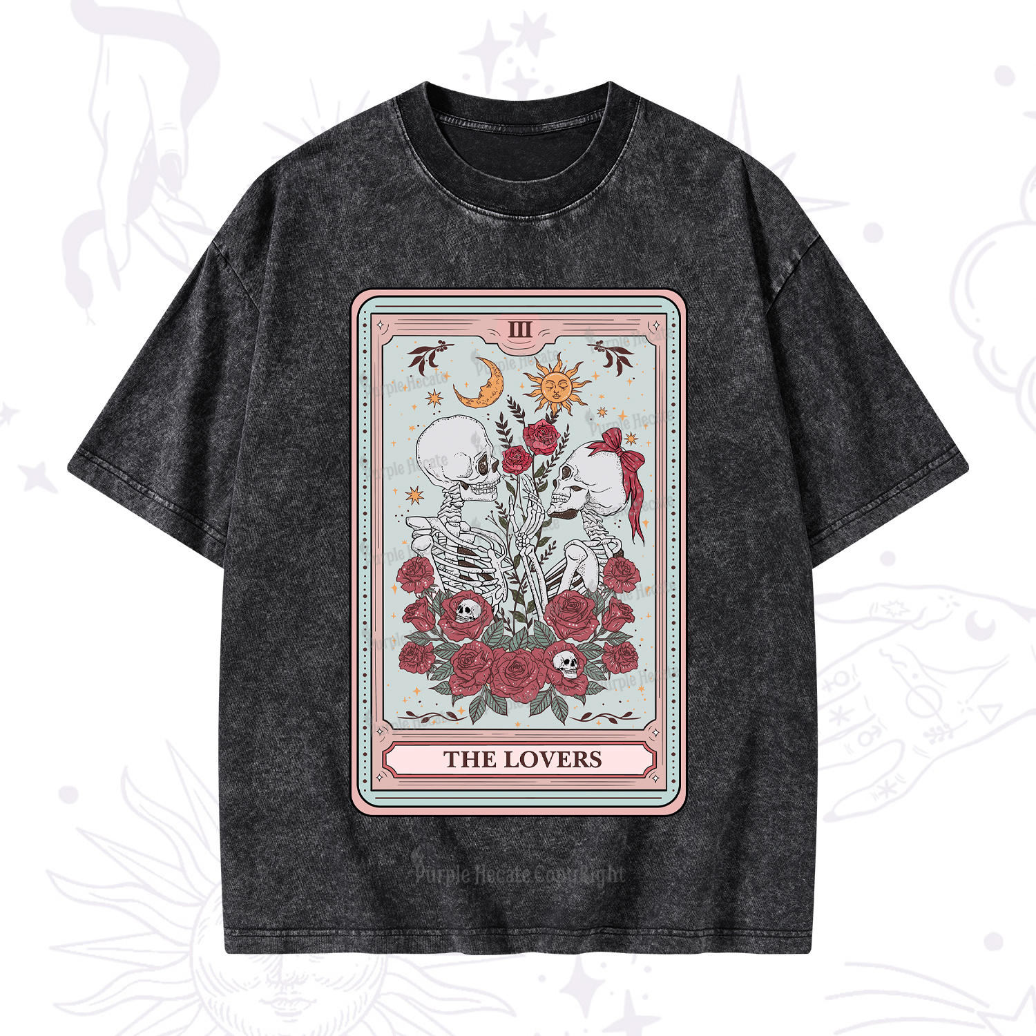 Purplehecate The Lovers Skeleton Tarot Washed T-Shirt