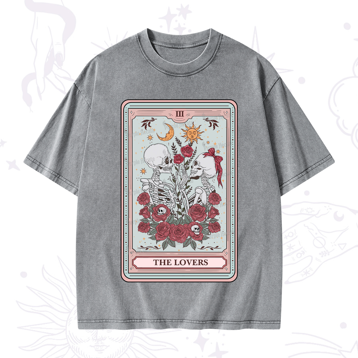 Purplehecate The Lovers Skeleton Tarot Washed T-Shirt