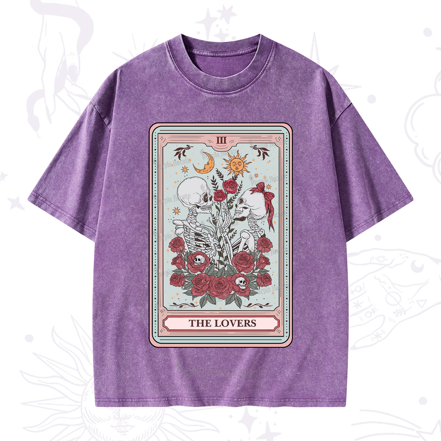 Purplehecate The Lovers Skeleton Tarot Washed T-Shirt