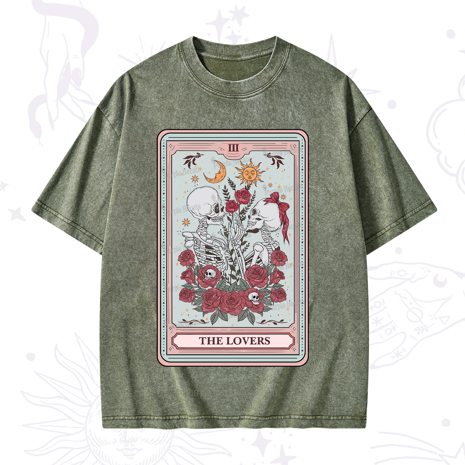 Purplehecate The Lovers Skeleton Tarot Washed T-Shirt