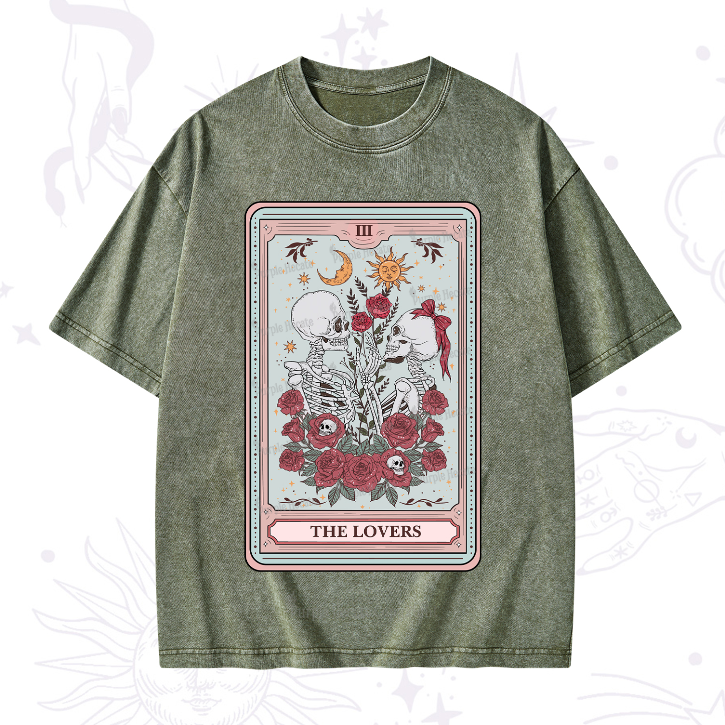 Purplehecate The Lovers Skeleton Tarot Washed T-Shirt
