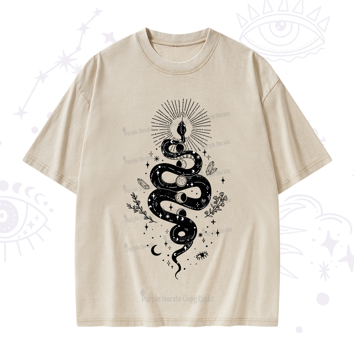 Purplehecate Mystical Moon Phases Snake Washed T-Shirt