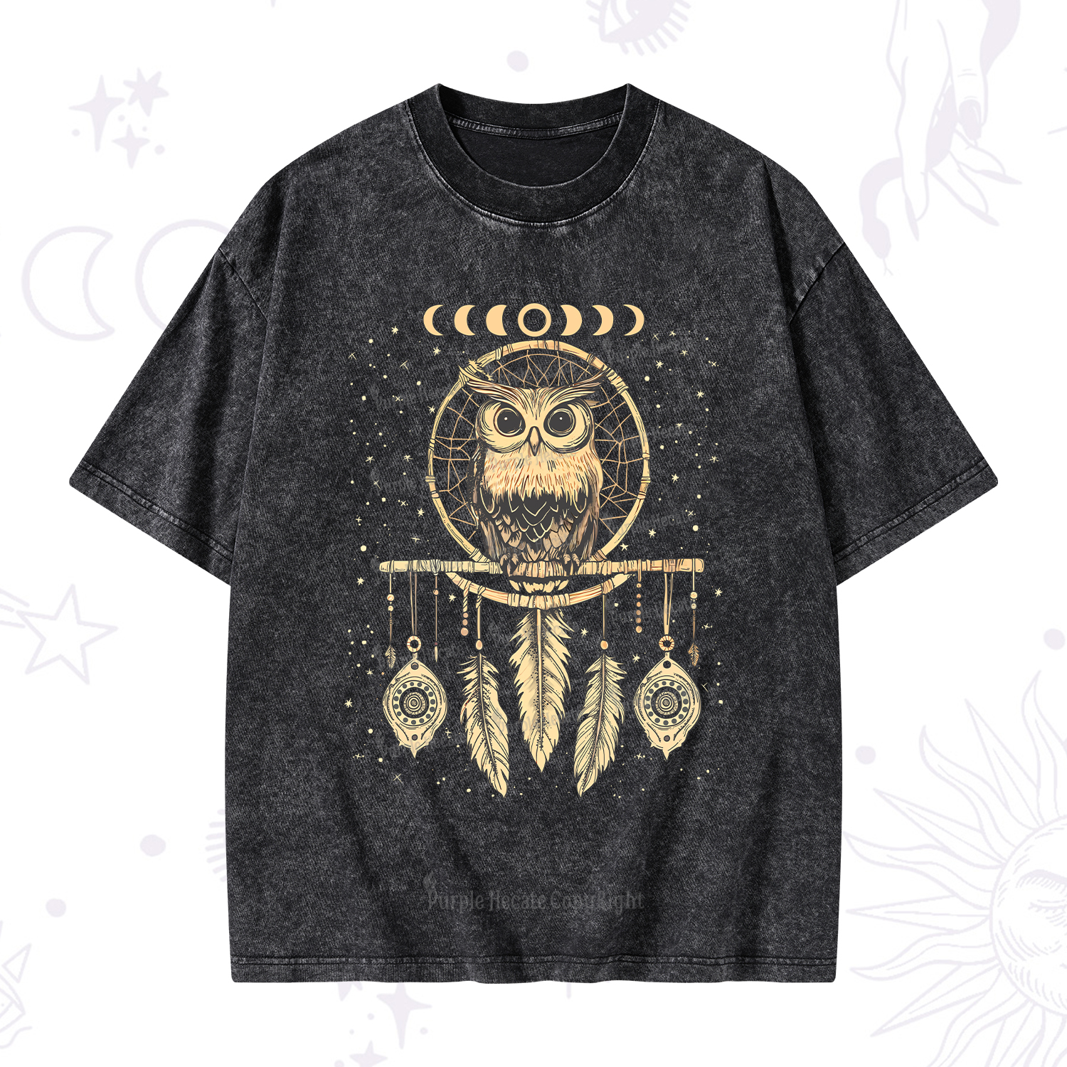 Purplehecate Luna Owl Dream Catcher Washed T-Shirt
