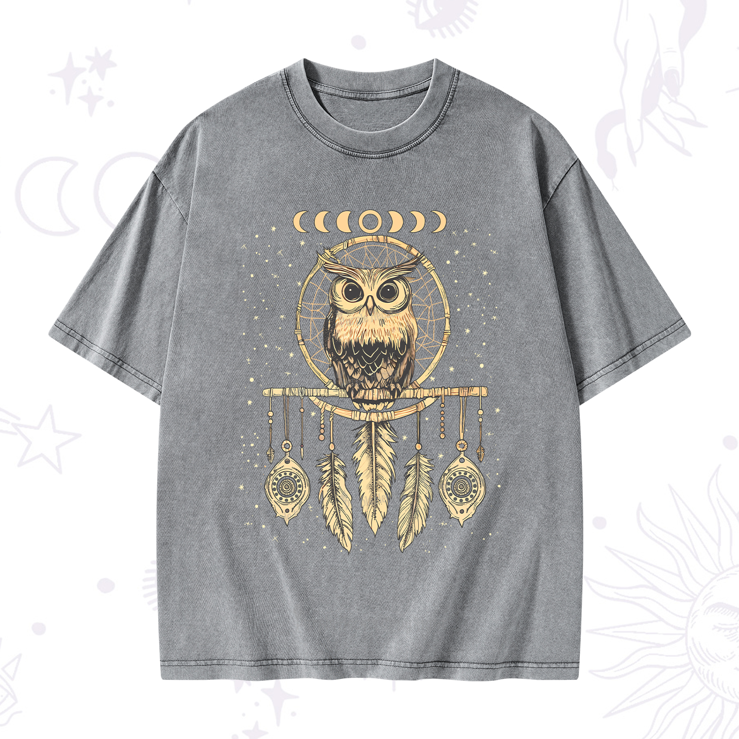 Purplehecate Luna Owl Dream Catcher Washed T-Shirt