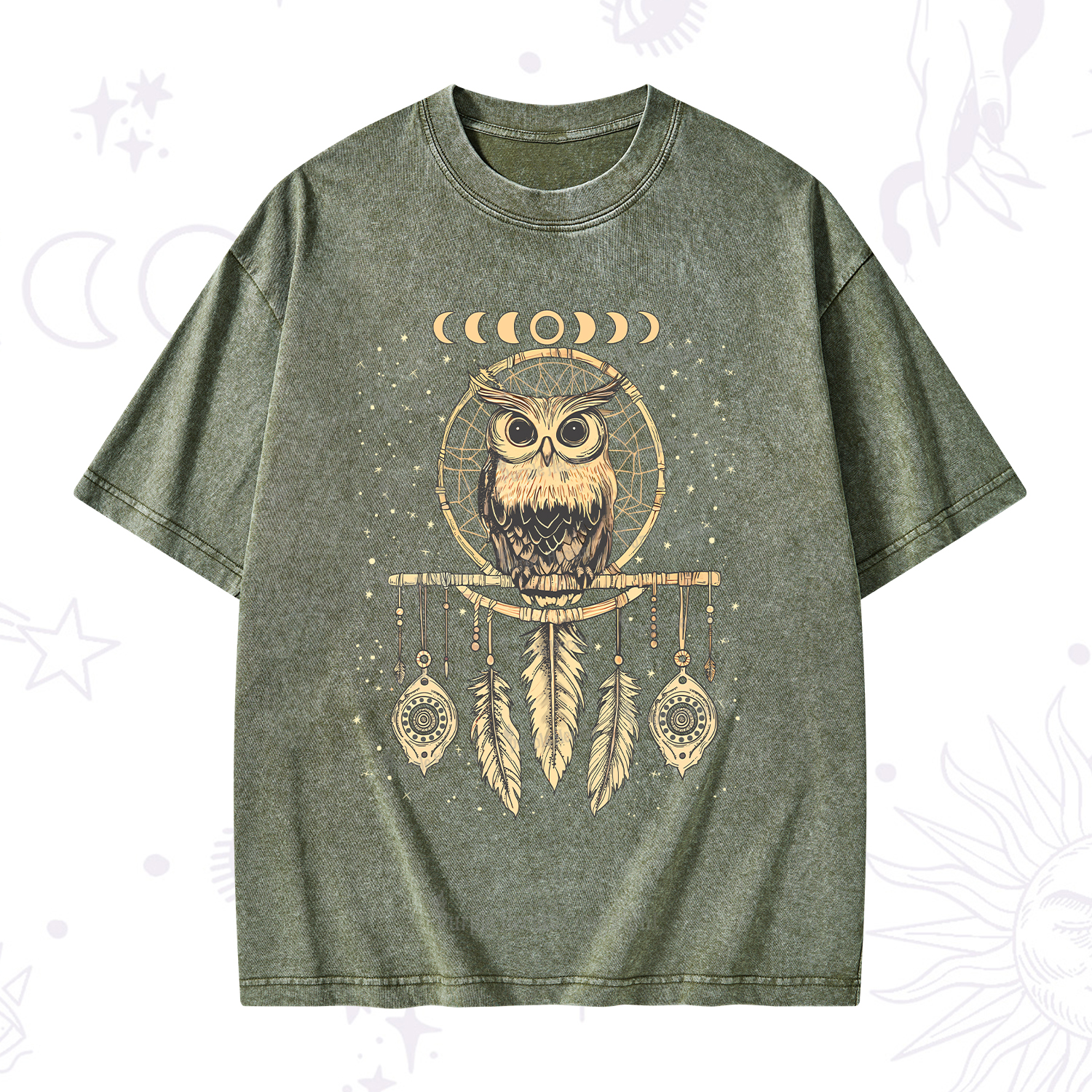 Purplehecate Luna Owl Dream Catcher Washed T-Shirt