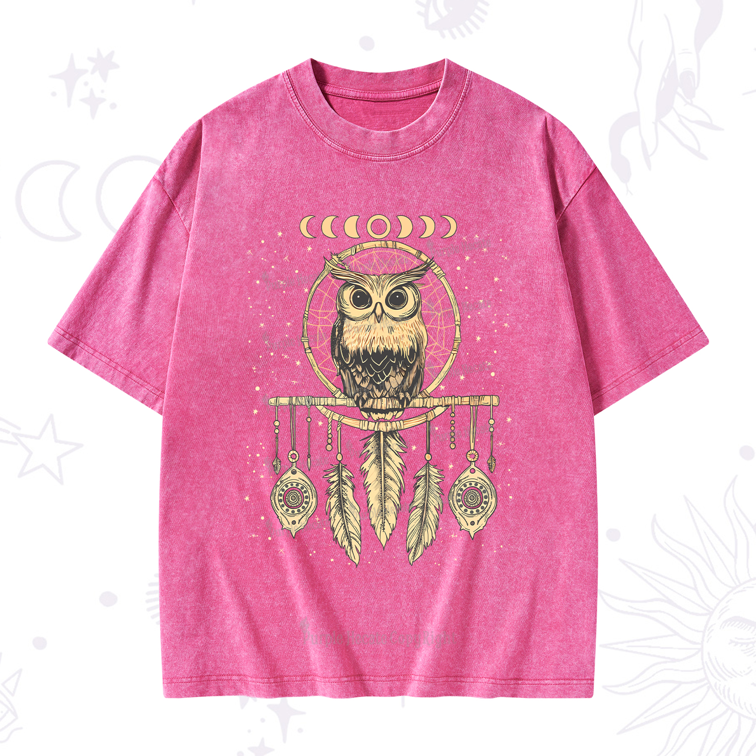 Purplehecate Luna Owl Dream Catcher Washed T-Shirt