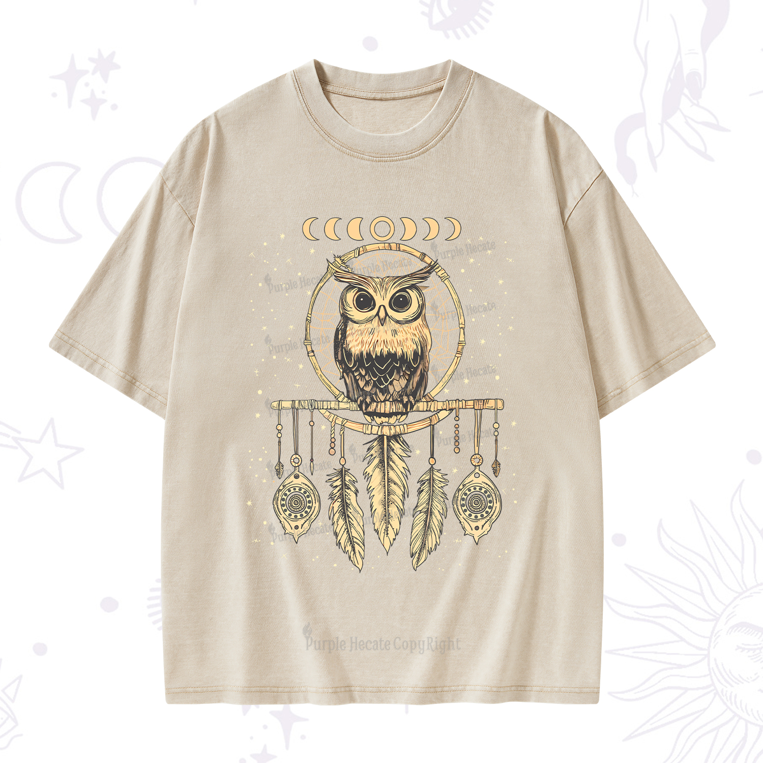 Purplehecate Luna Owl Dream Catcher Washed T-Shirt