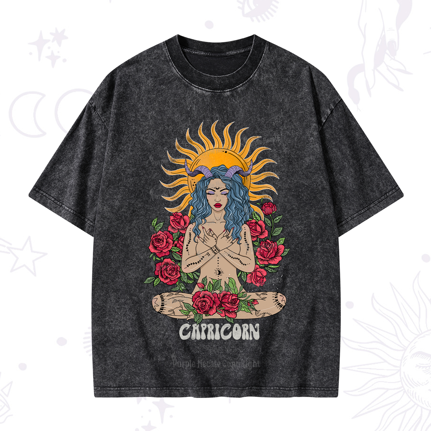 Purplehecate Sun Guardian Of Capricorn Zodiac Washed T-Shirt