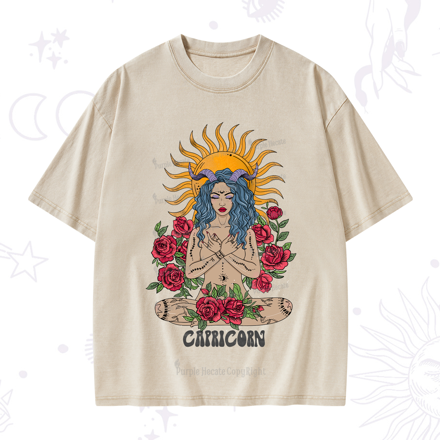 Purplehecate Sun Guardian Of Capricorn Zodiac Washed T-Shirt