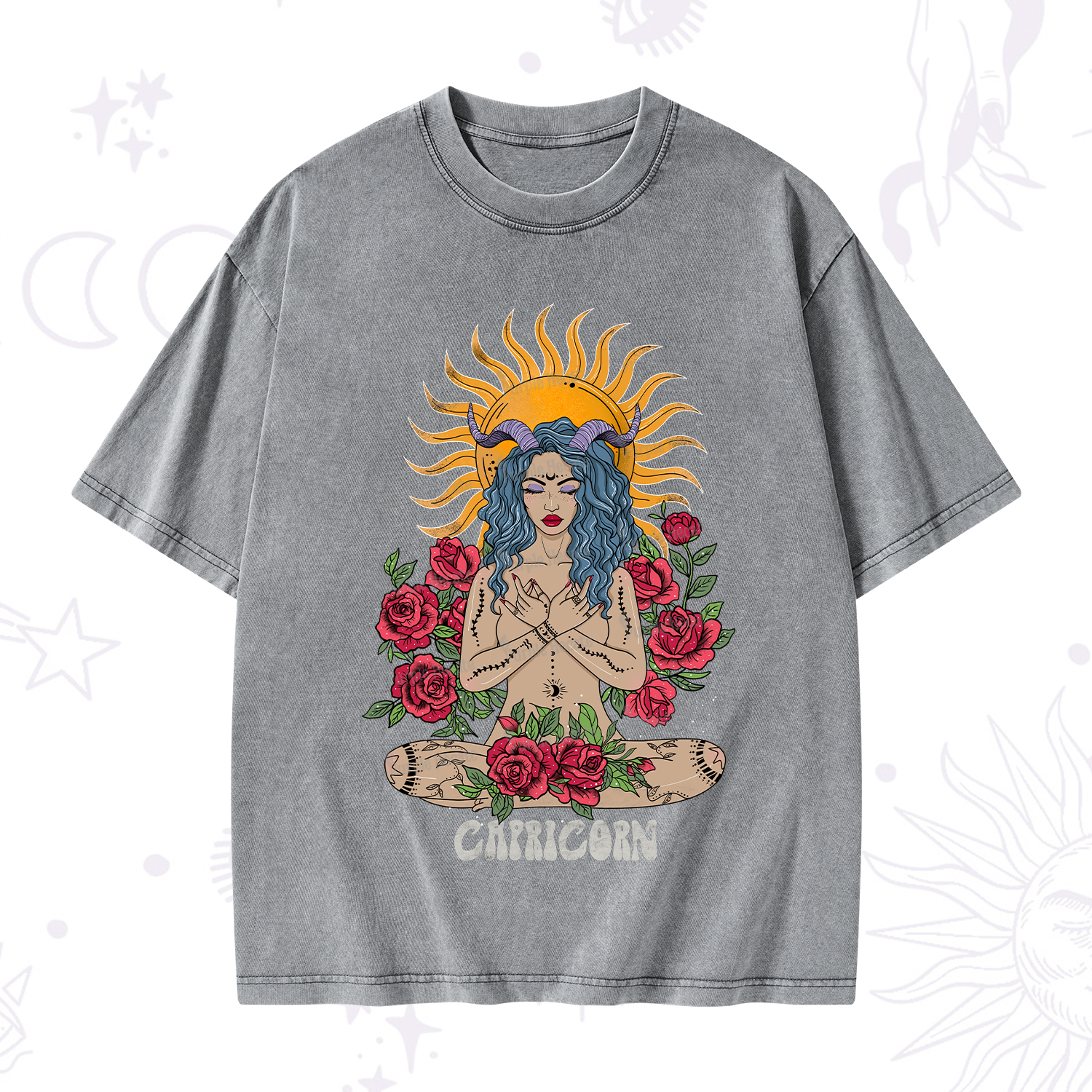 Purplehecate Sun Guardian Of Capricorn Zodiac Washed T-Shirt