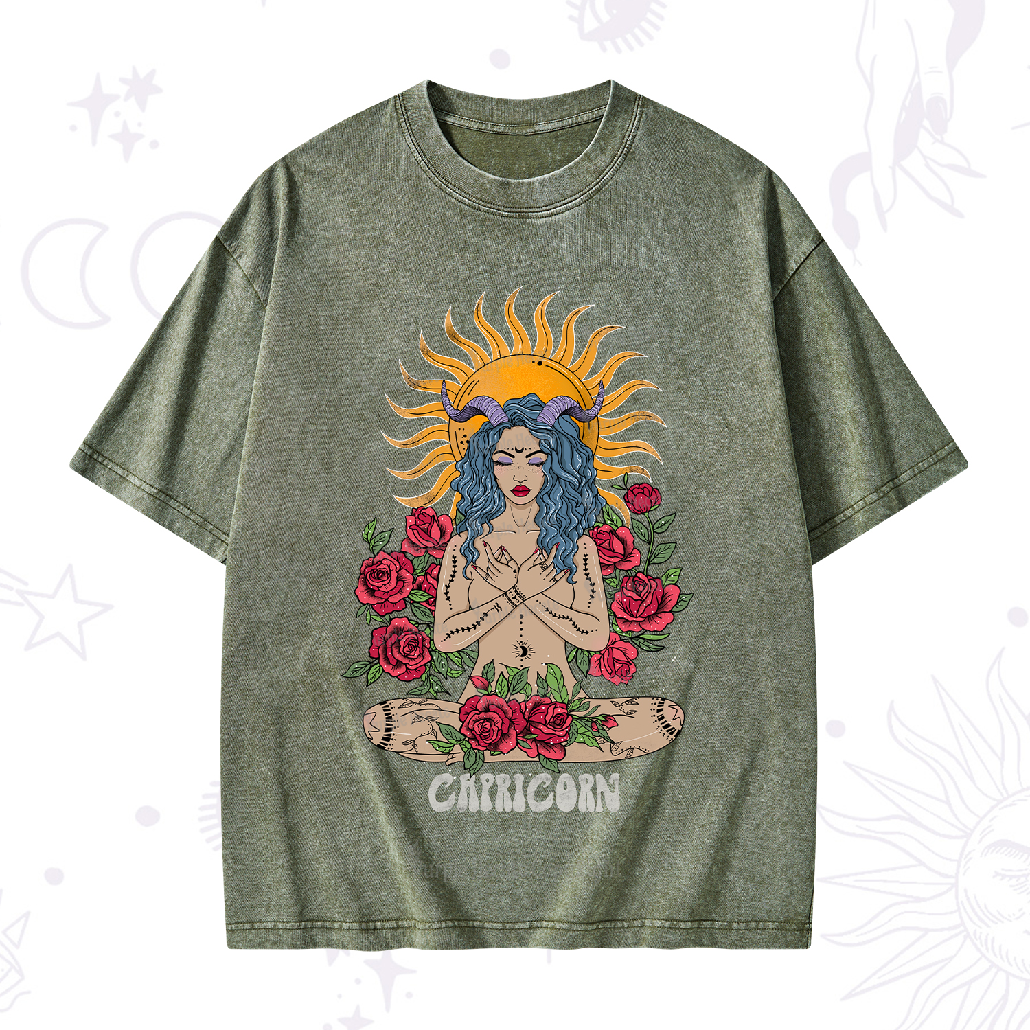 Purplehecate Sun Guardian Of Capricorn Zodiac Washed T-Shirt