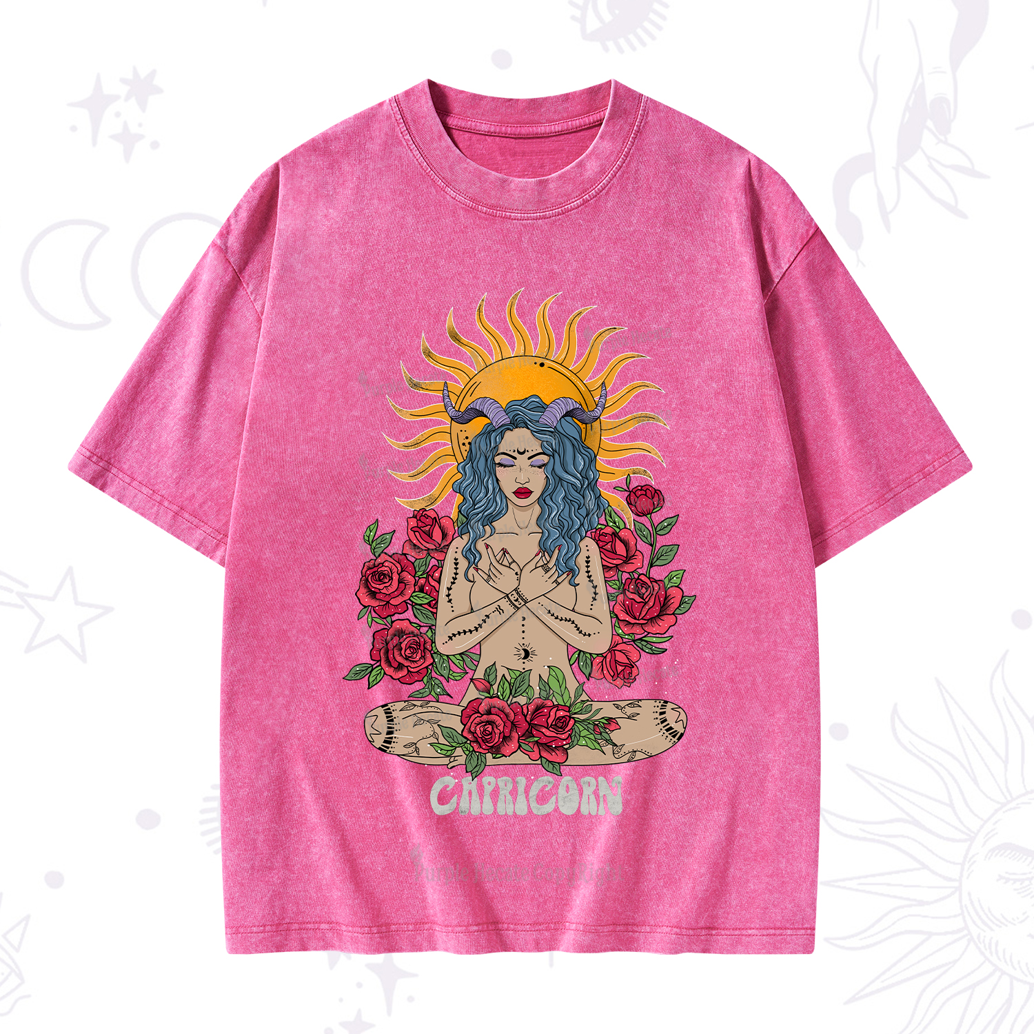 Purplehecate Sun Guardian Of Capricorn Zodiac Washed T-Shirt