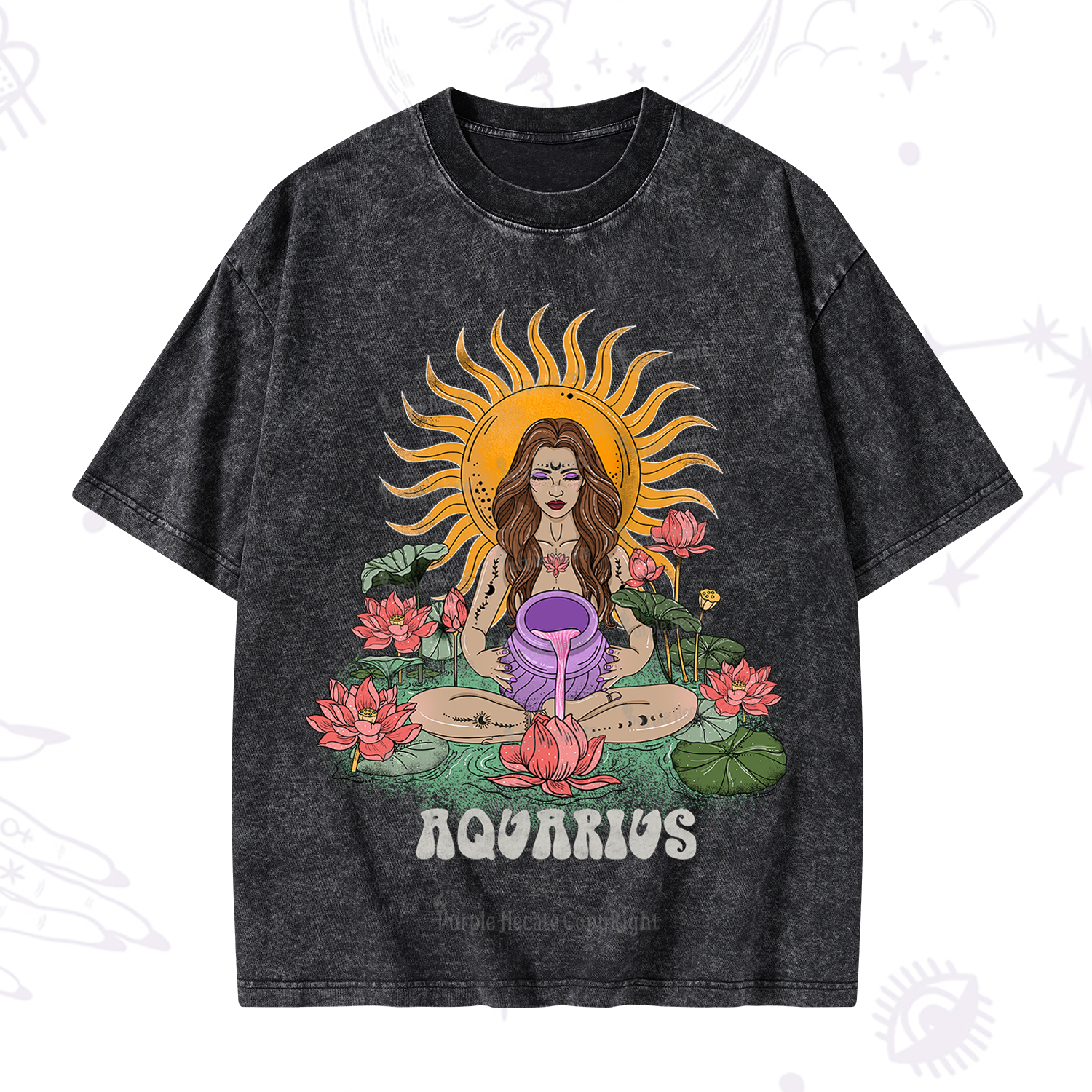 Purplehecate Sun Guardian Of Aquarius Zodiac Washed T-Shirt