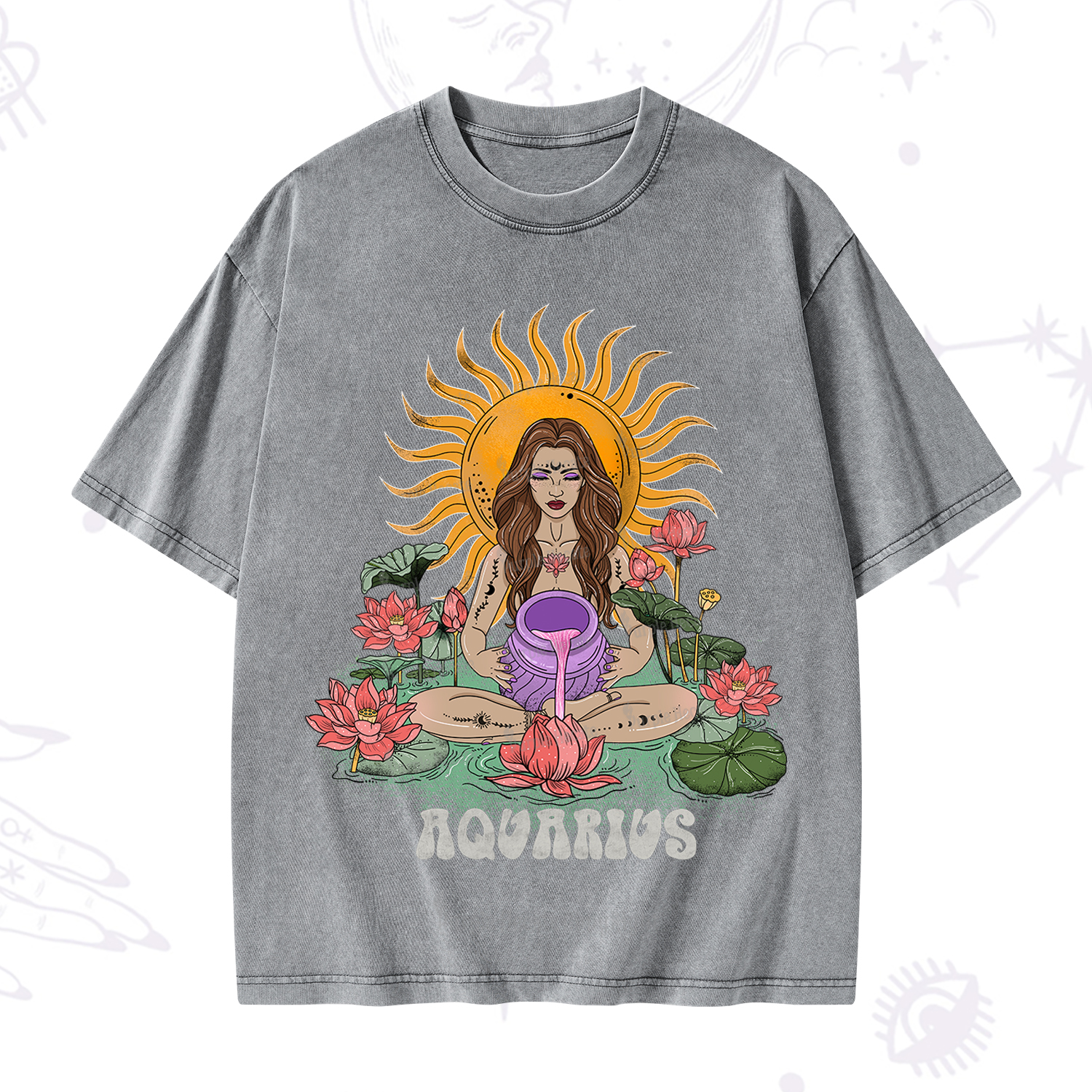 Purplehecate Sun Guardian Of Aquarius Zodiac Washed T-Shirt