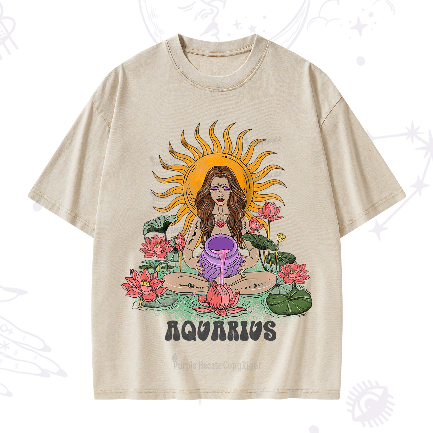Purplehecate Sun Guardian Of Aquarius Zodiac Washed T-Shirt