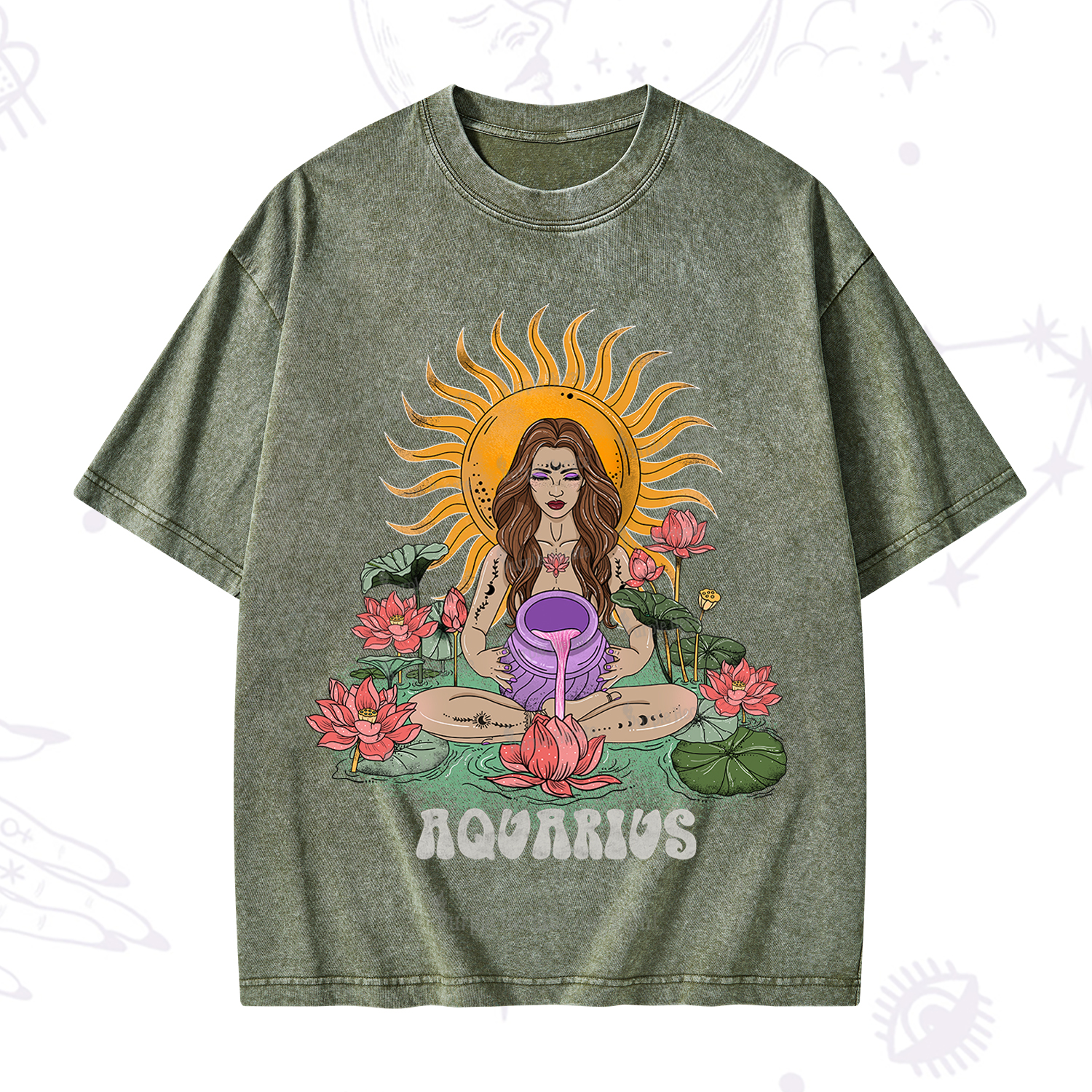 Purplehecate Sun Guardian Of Aquarius Zodiac Washed T-Shirt