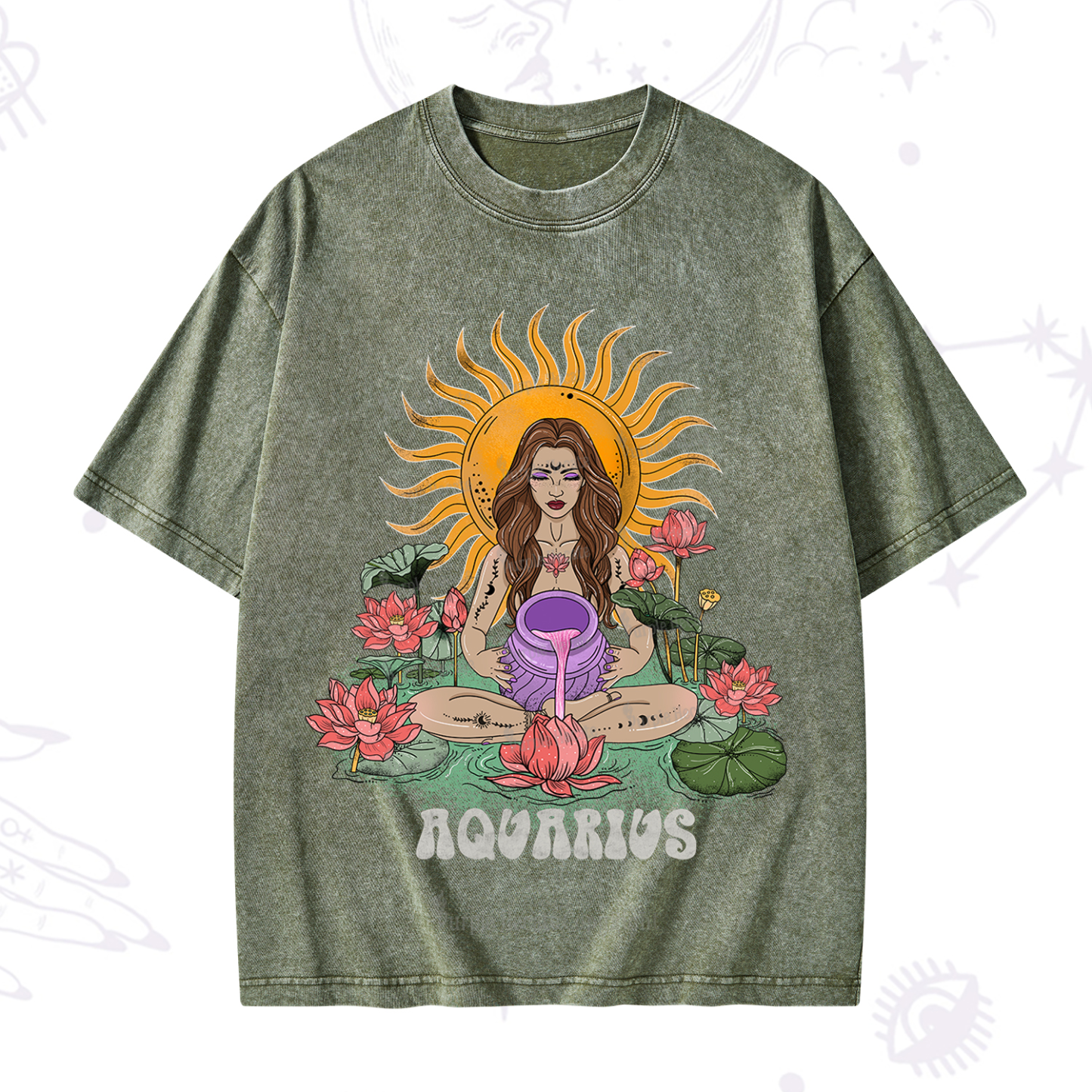 Purplehecate Sun Guardian Of Aquarius Zodiac Washed T-Shirt
