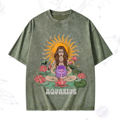 Purplehecate Sun Guardian Of Aquarius Zodiac Washed T-Shirt