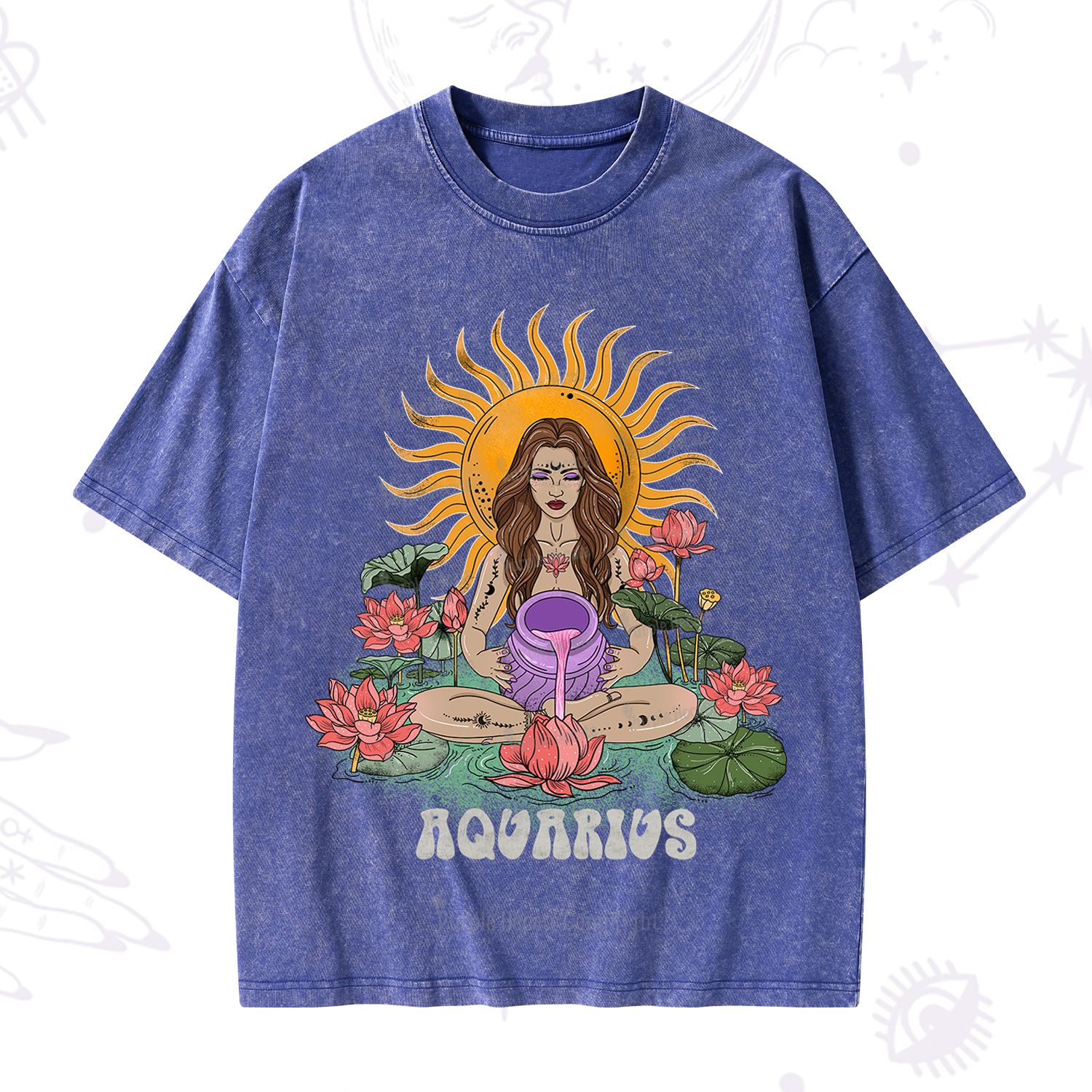 Purplehecate Sun Guardian Of Aquarius Zodiac Washed T-Shirt
