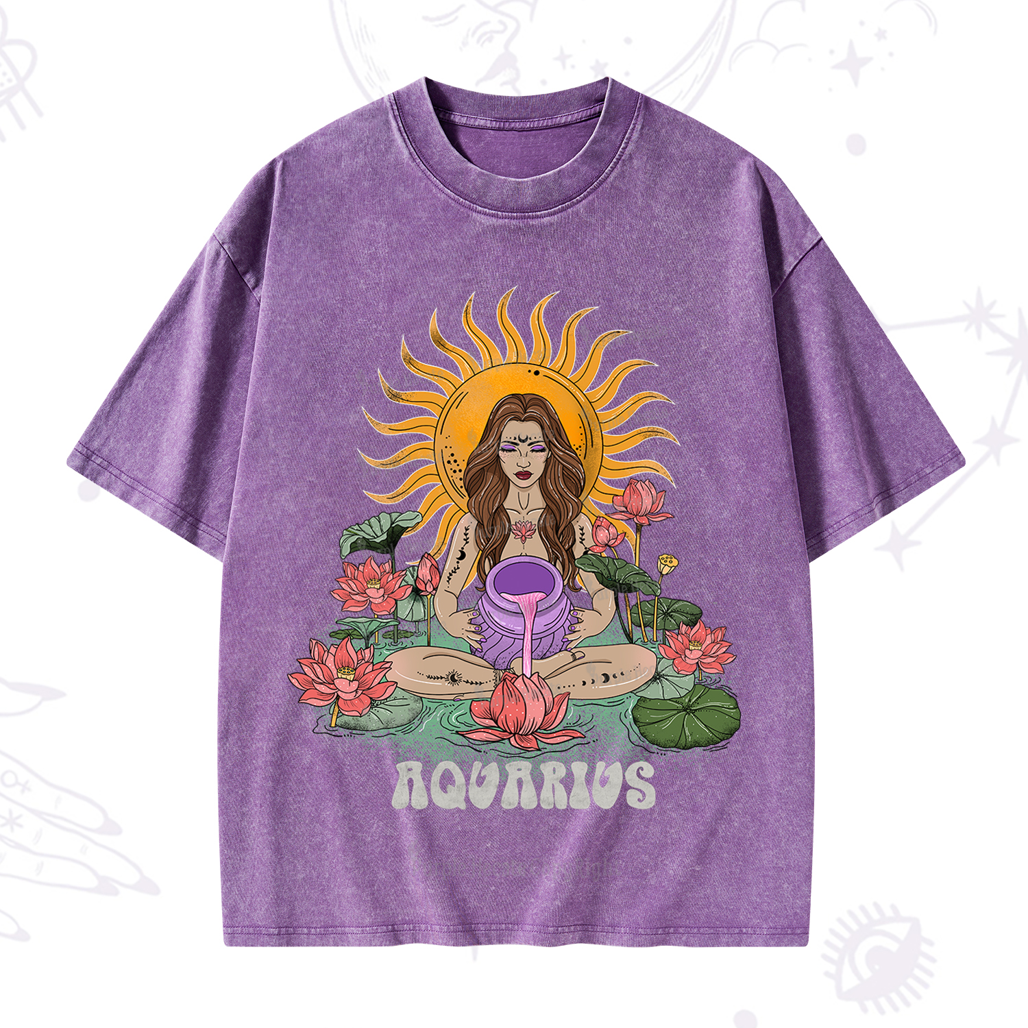 Purplehecate Sun Guardian Of Aquarius Zodiac Washed T-Shirt