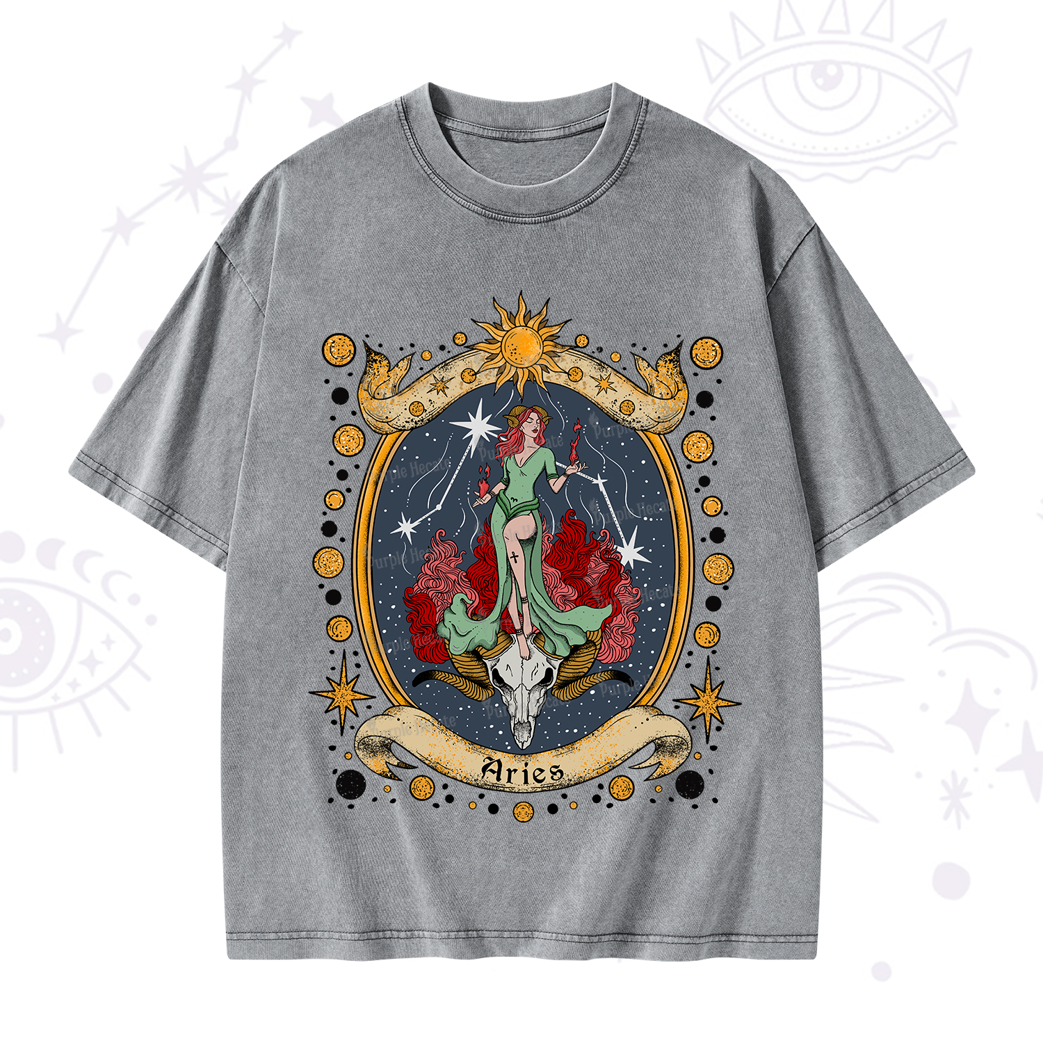 Purplehecate Celestial Aries Zodiac Washed T-Shirt