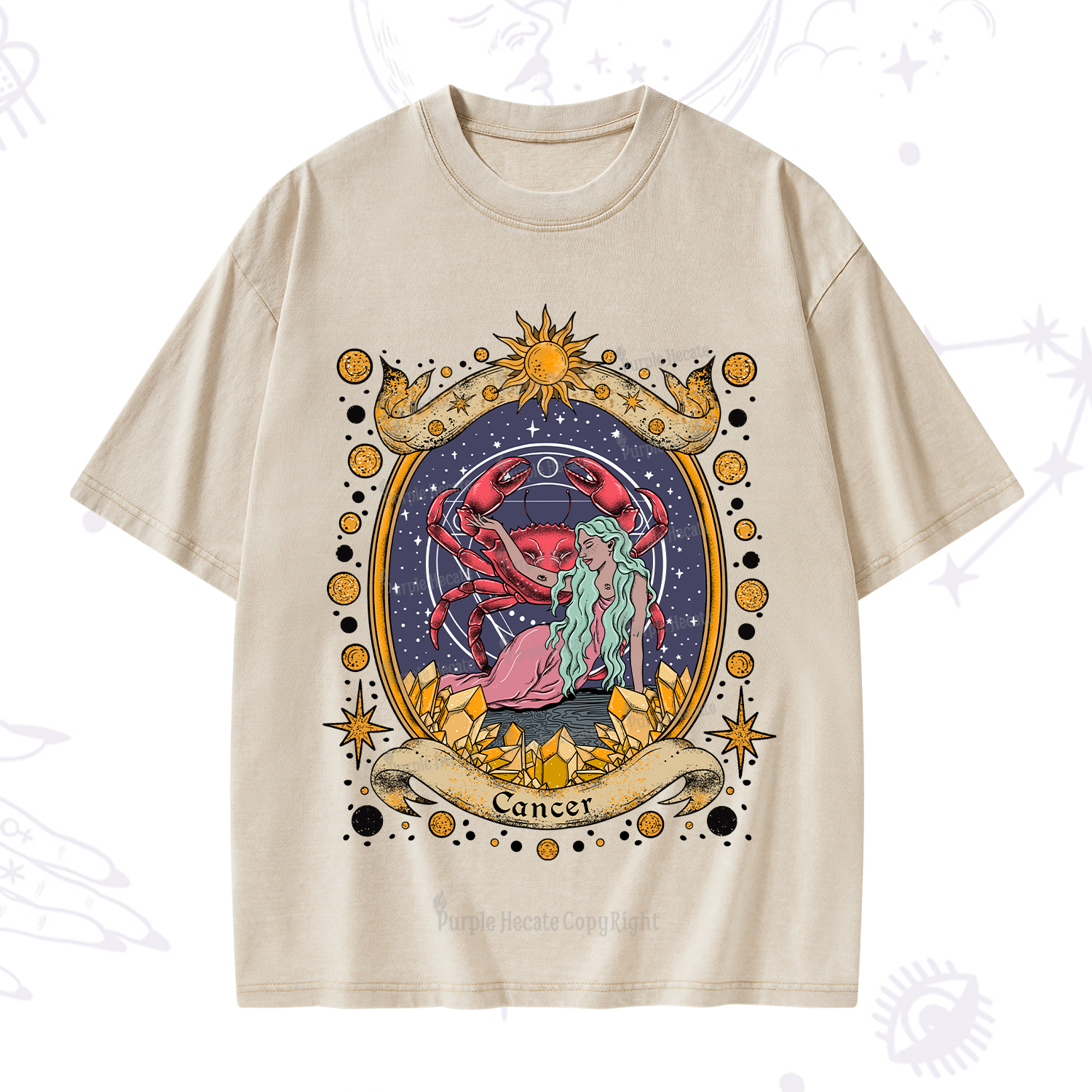 Purplehecate Celestial Cancer Zodiac Washed T-Shirt