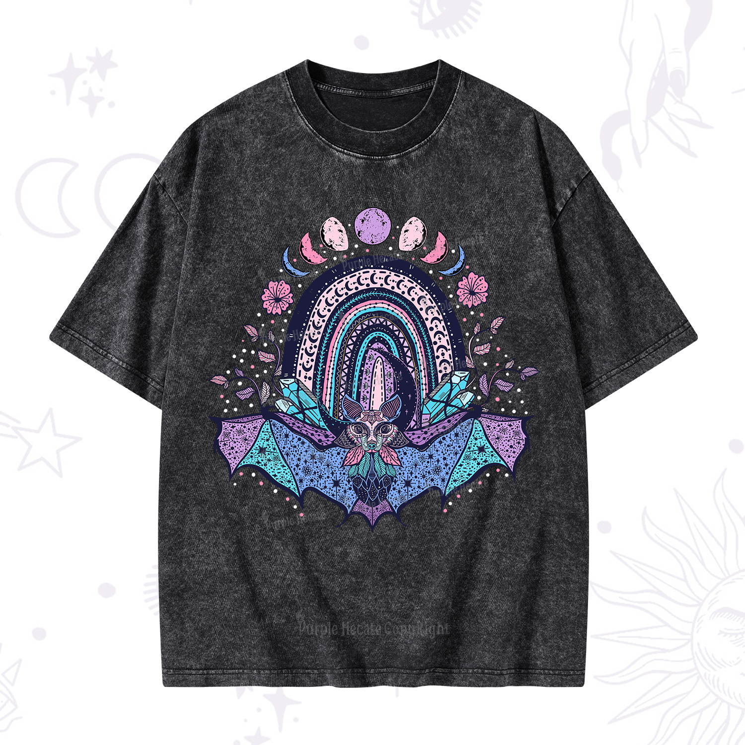 Purplehecate Moon Phase Bat Washed T-Shirt