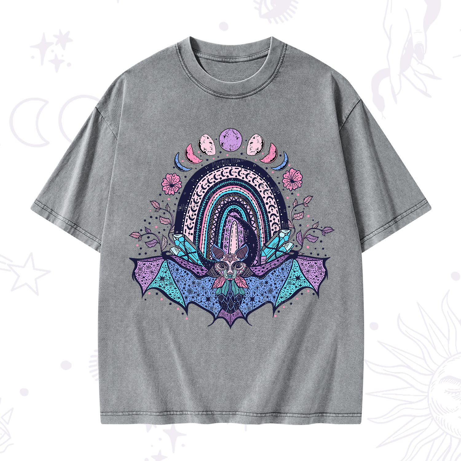 Purplehecate Moon Phase Bat Washed T-Shirt