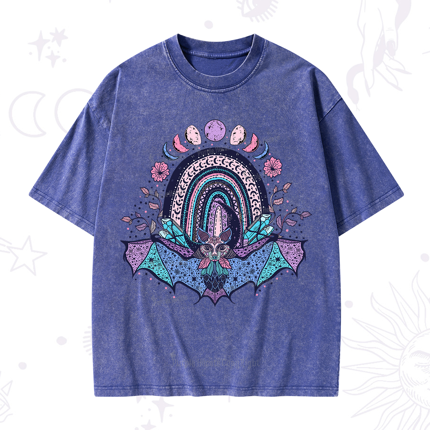 Purplehecate Moon Phase Bat Washed T-Shirt