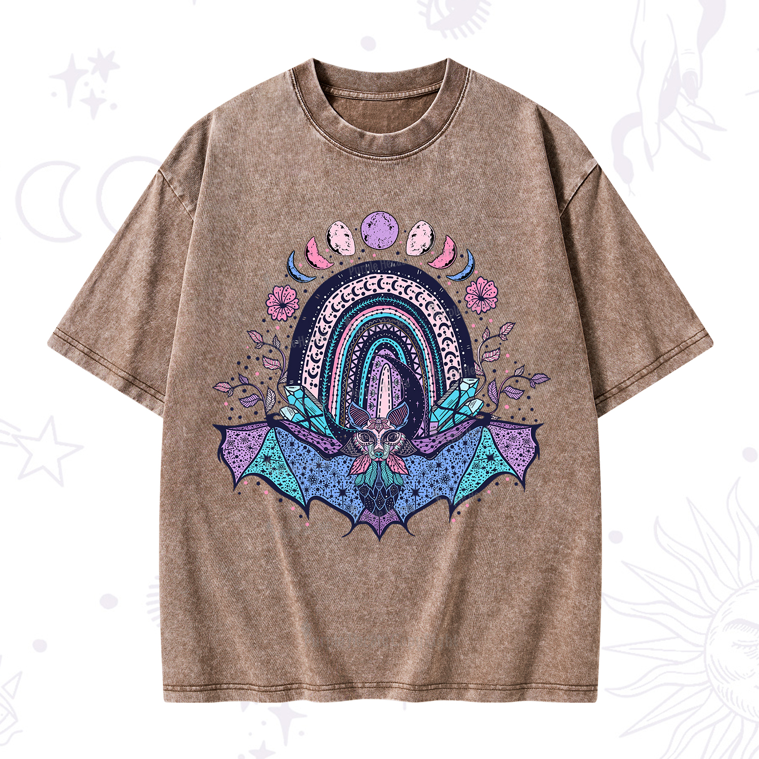 Purplehecate Moon Phase Bat Washed T-Shirt