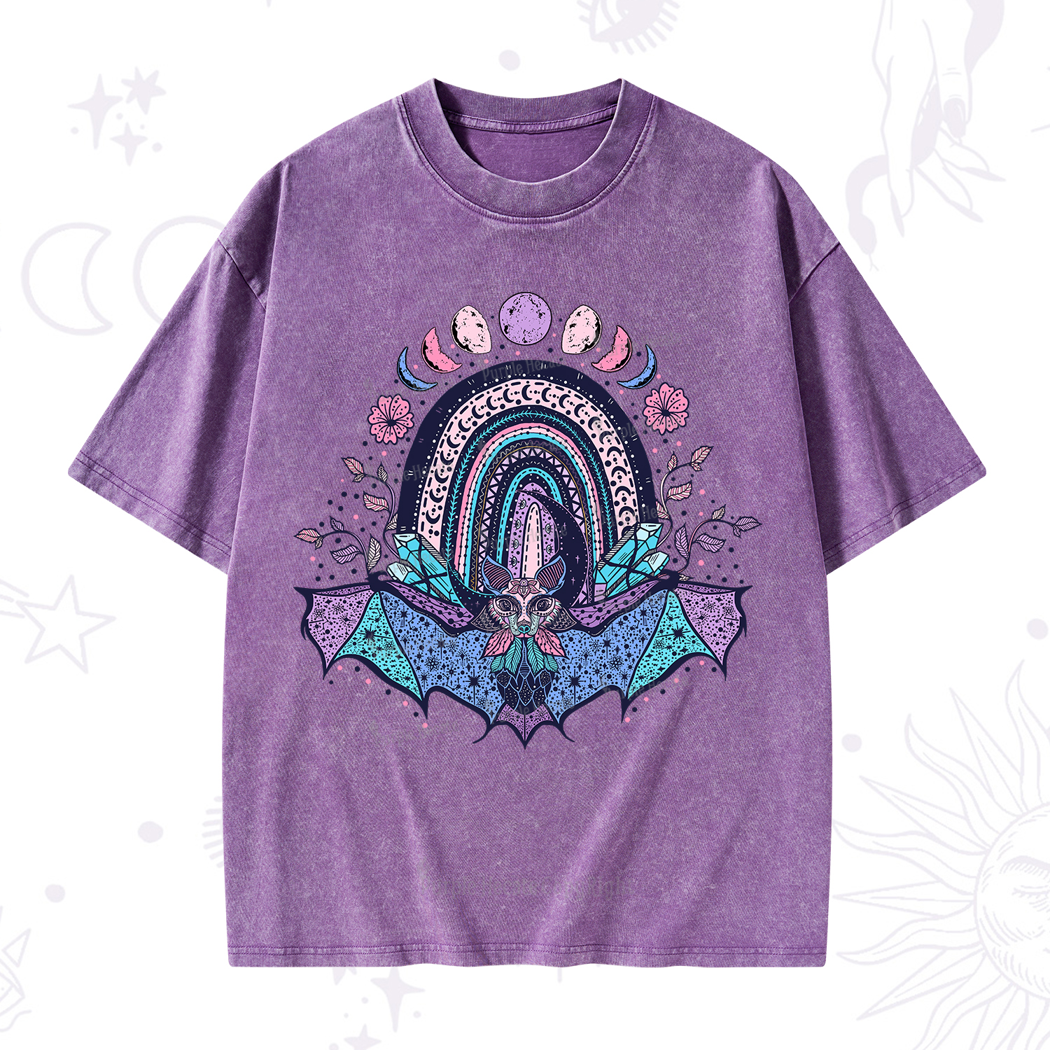 Purplehecate Moon Phase Bat Washed T-Shirt