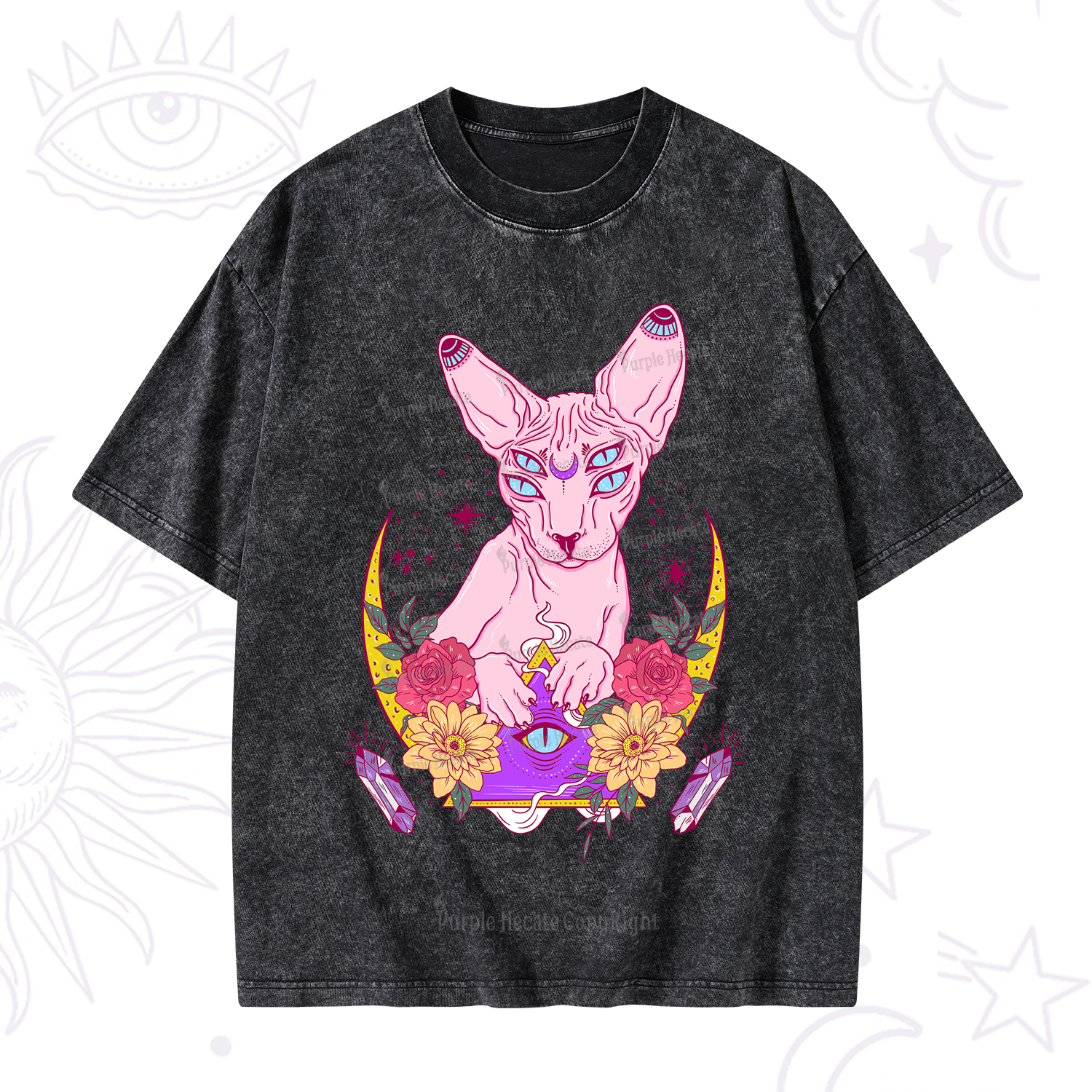 Purplehecate Moon Phase Cat Washed T-Shirt