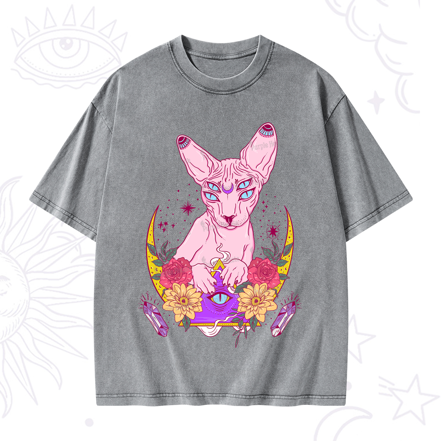 Purplehecate Moon Phase Cat Washed T-Shirt