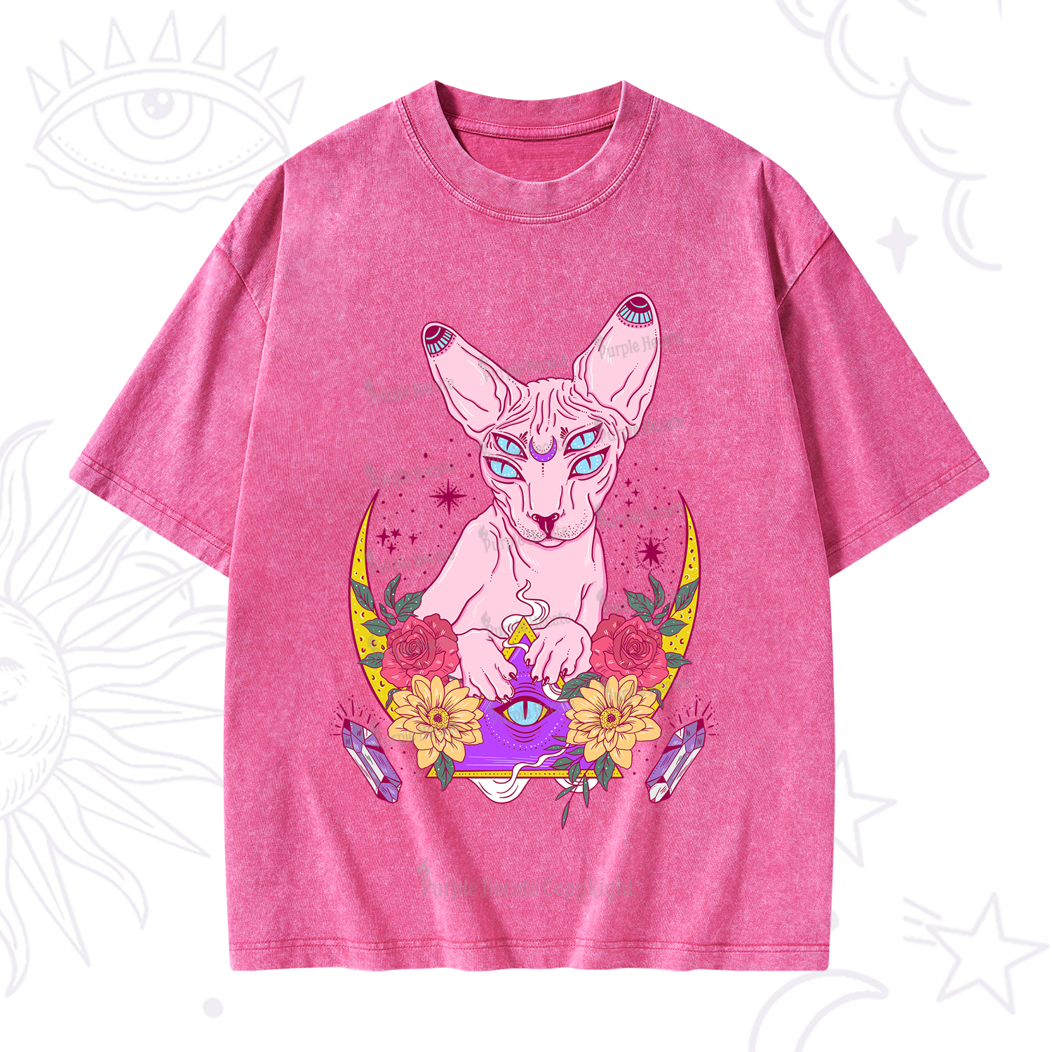 Purplehecate Moon Phase Cat Washed T-Shirt