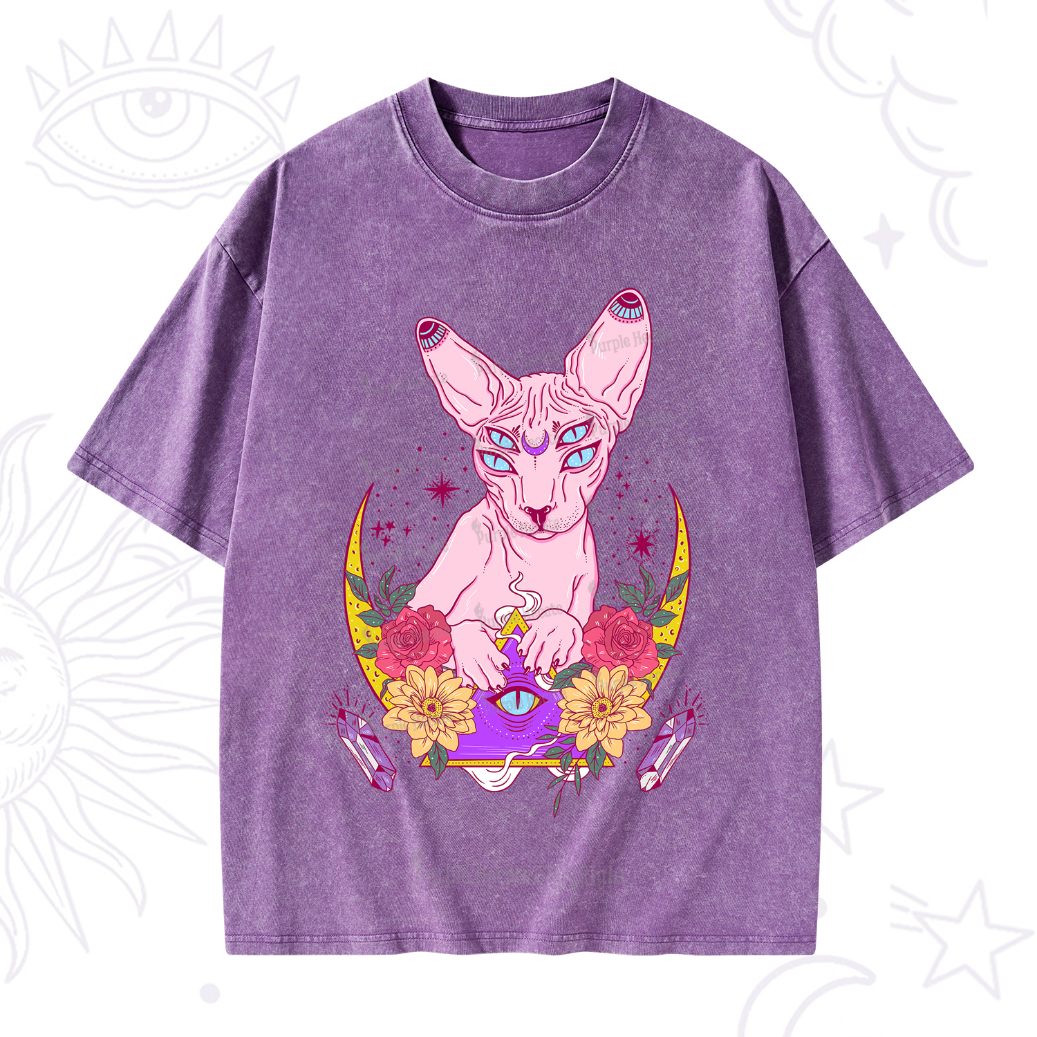 Purplehecate Moon Phase Cat Washed T-Shirt