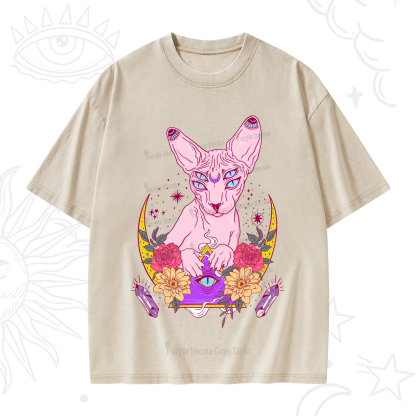 Purplehecate Moon Phase Cat Washed T-Shirt