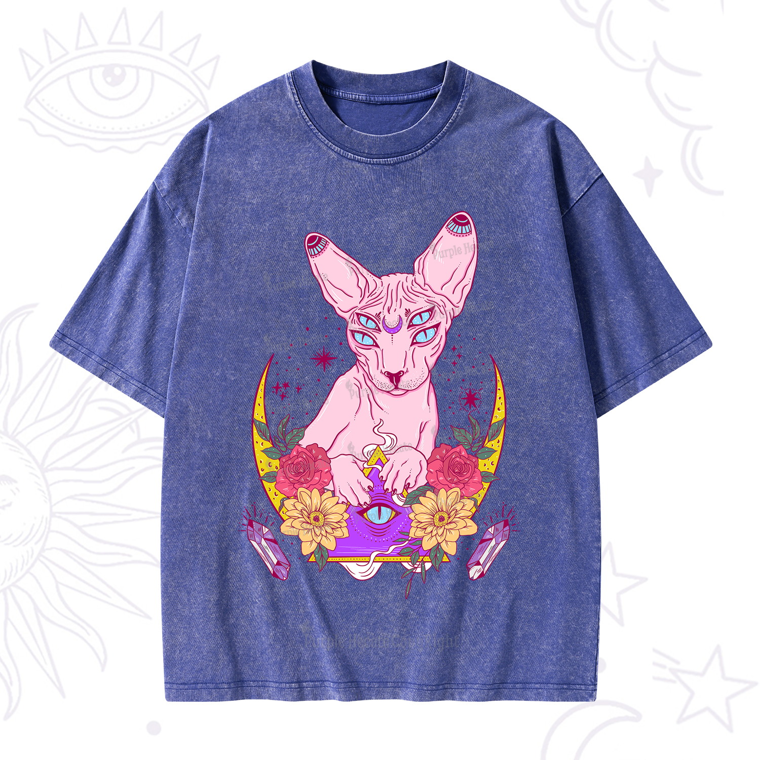 Purplehecate Moon Phase Cat Washed T-Shirt
