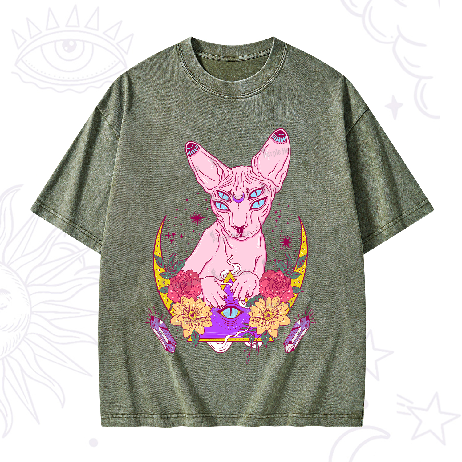 Purplehecate Moon Phase Cat Washed T-Shirt