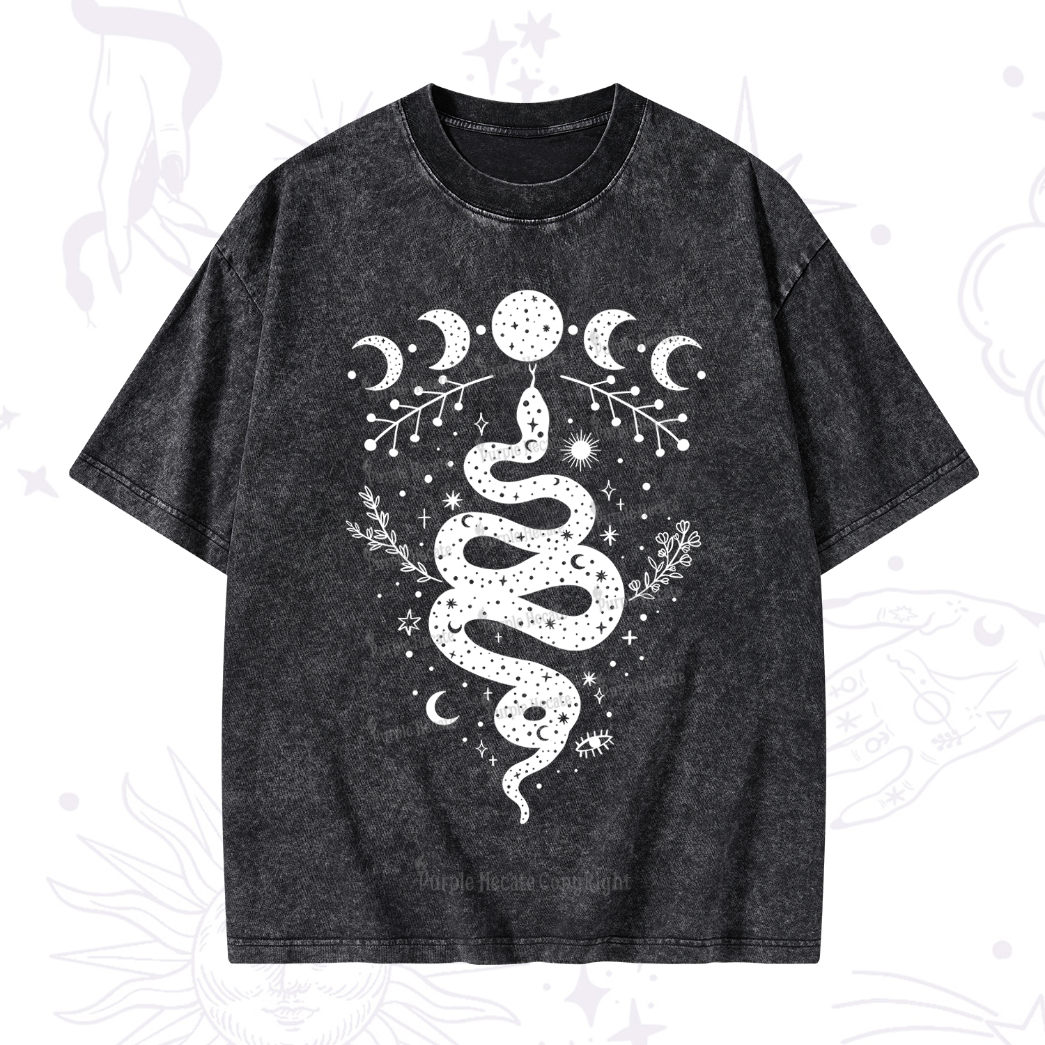 Purplehecate Snake And Moon Phase Comfort Washed T-Shirt