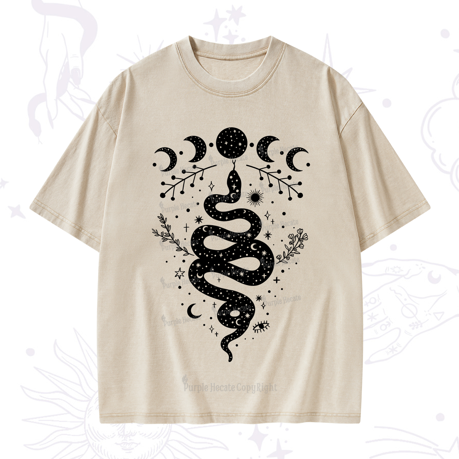 Purplehecate Snake And Moon Phase Comfort Washed T-Shirt