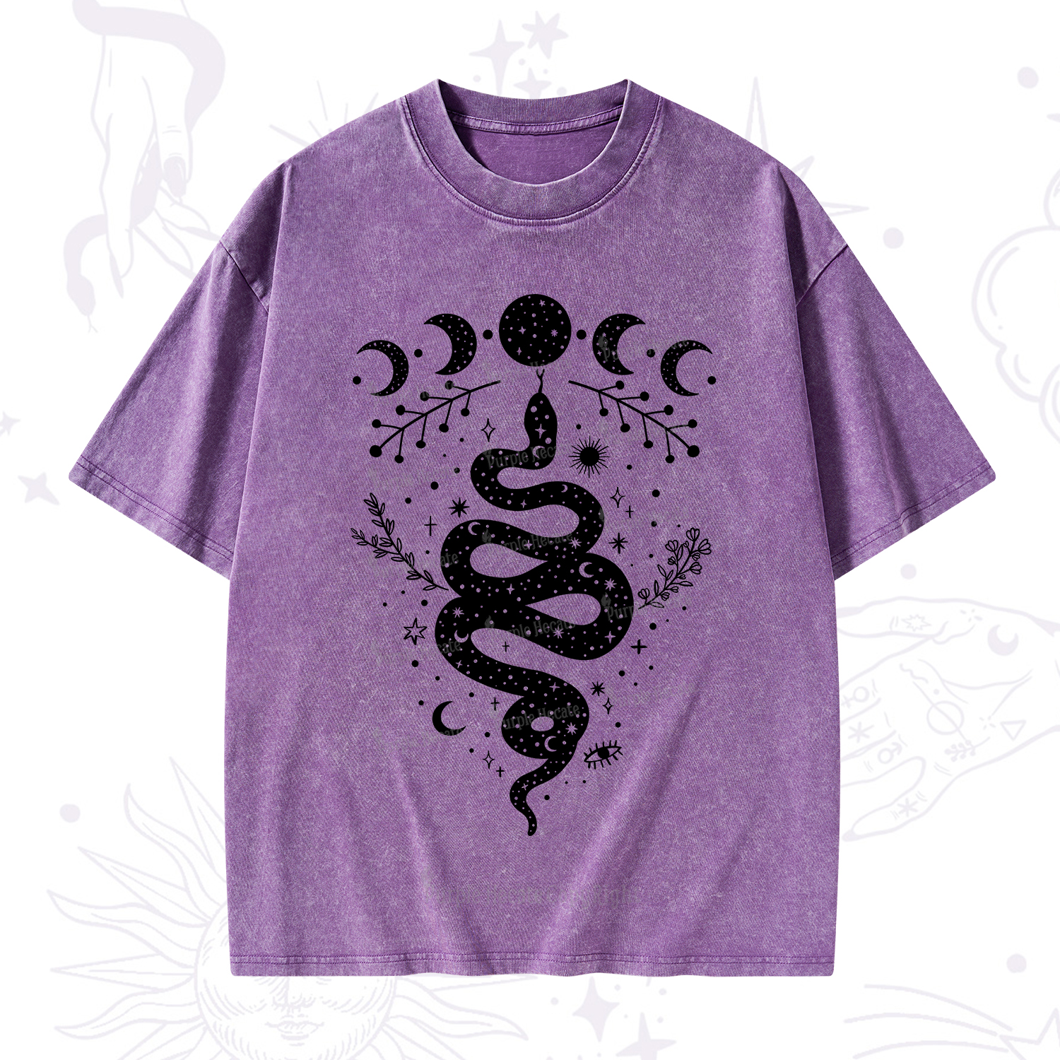 Purplehecate Snake And Moon Phase Comfort Washed T-Shirt