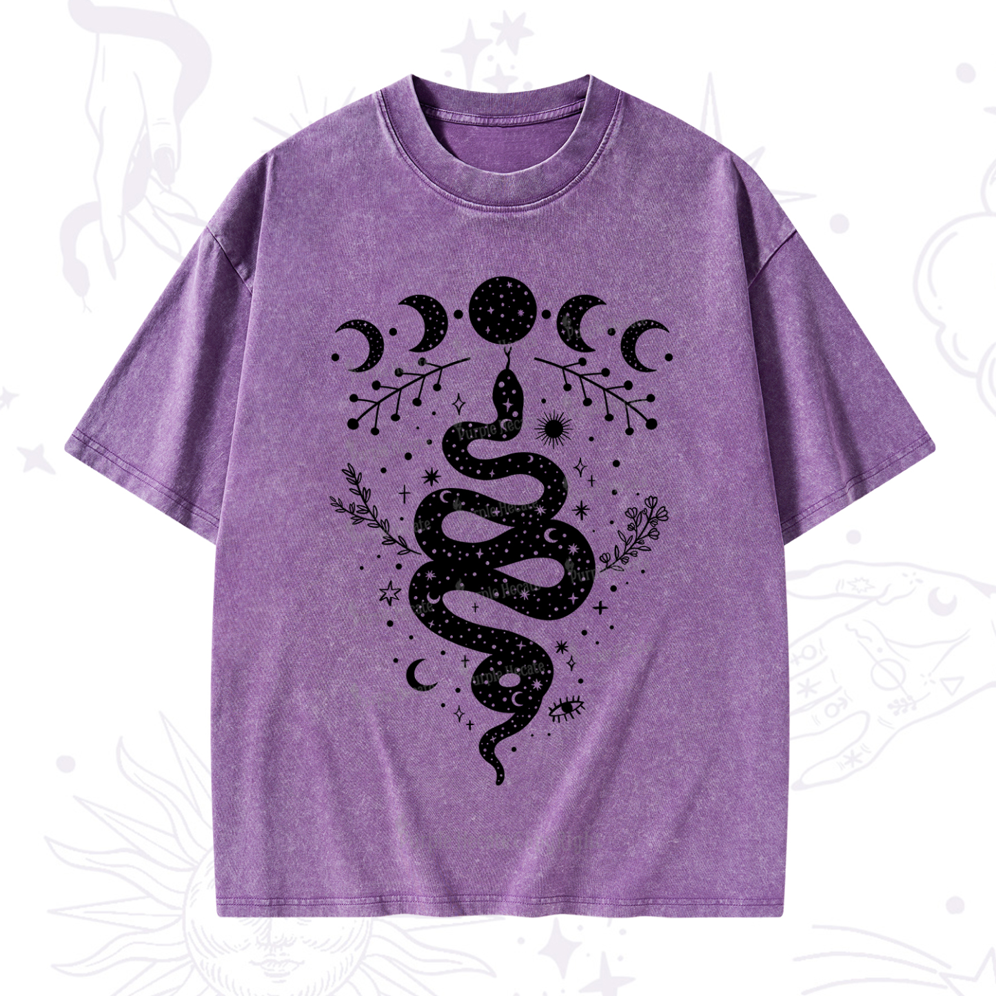 Purplehecate Snake And Moon Phase Comfort Washed T-Shirt