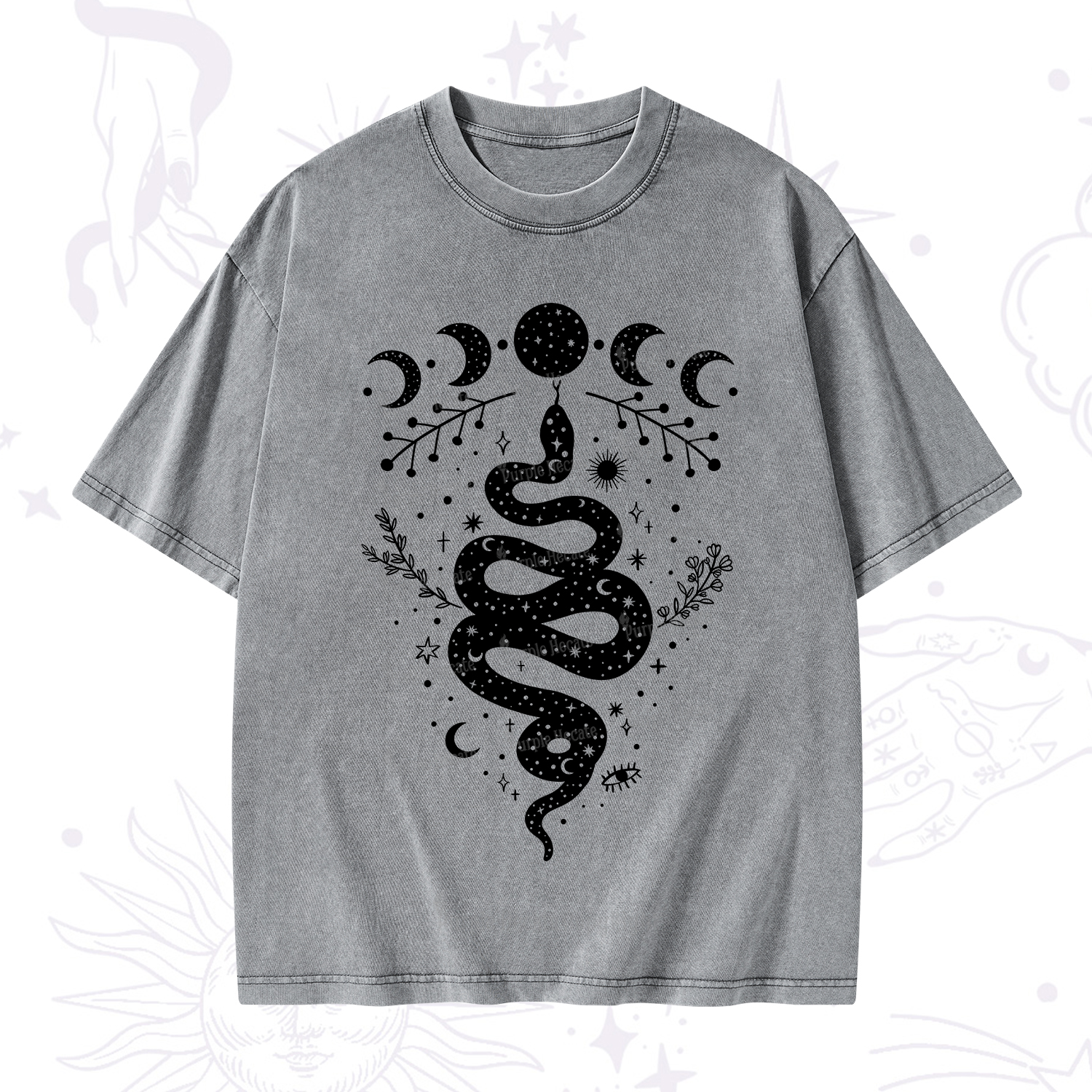 Purplehecate Snake And Moon Phase Comfort Washed T-Shirt