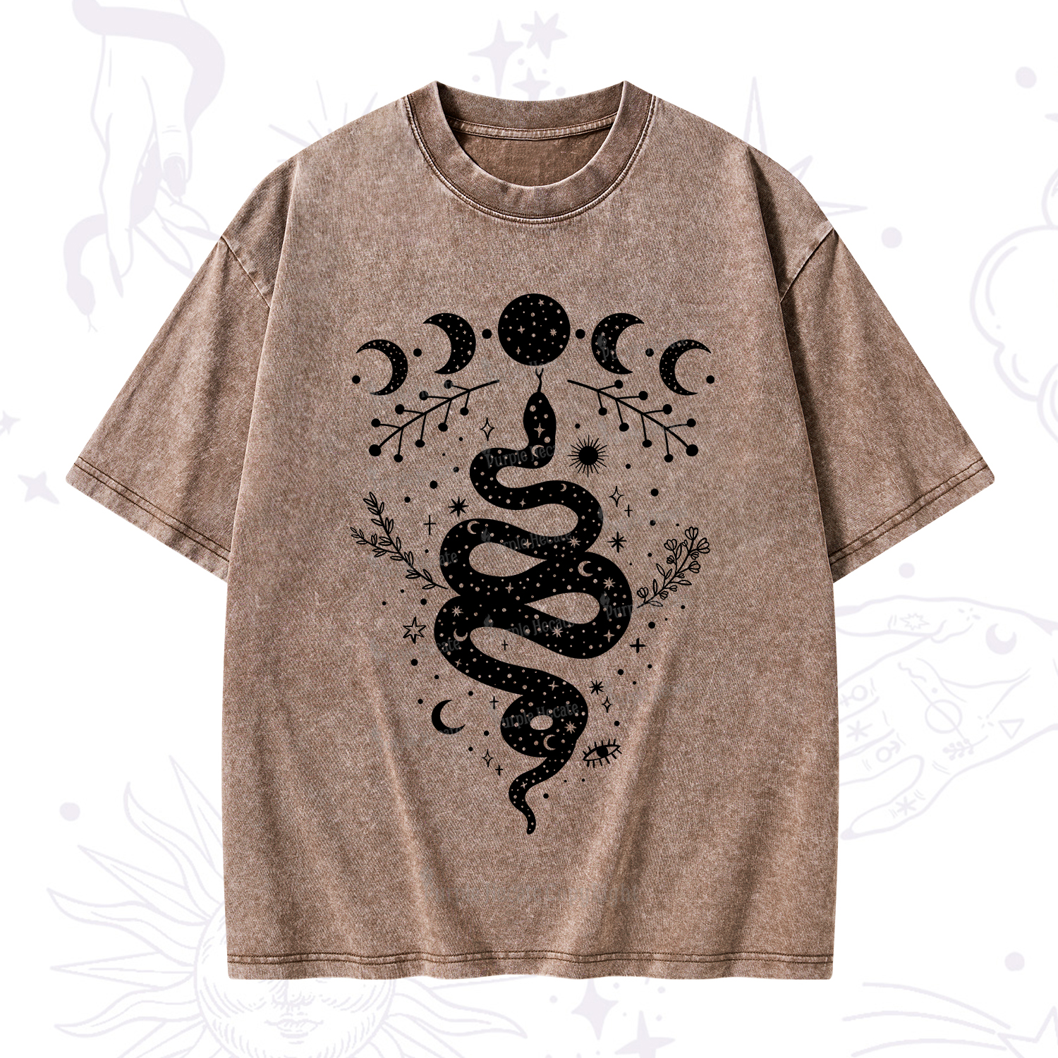 Purplehecate Snake And Moon Phase Comfort Washed T-Shirt