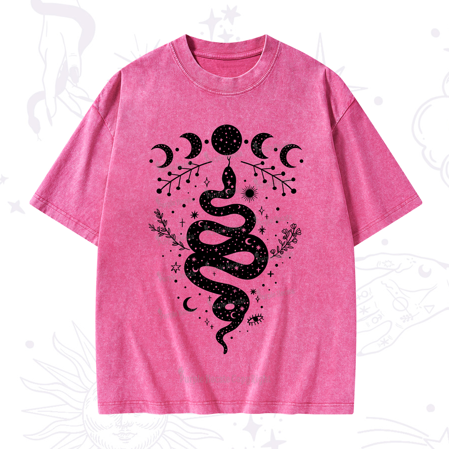 Purplehecate Snake And Moon Phase Comfort Washed T-Shirt