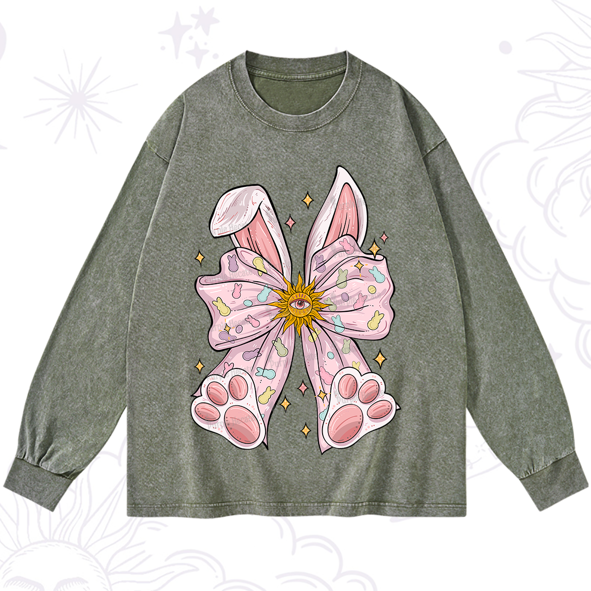 Purplehecate Mystical Bunny Bow Easter Washed Long Sleeve Shirt