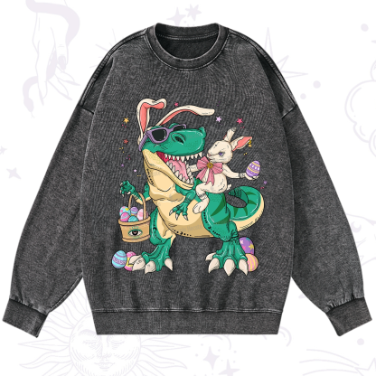 Purplehecate Easter Bunny Riding Dinosaur Washed Sweatshirt